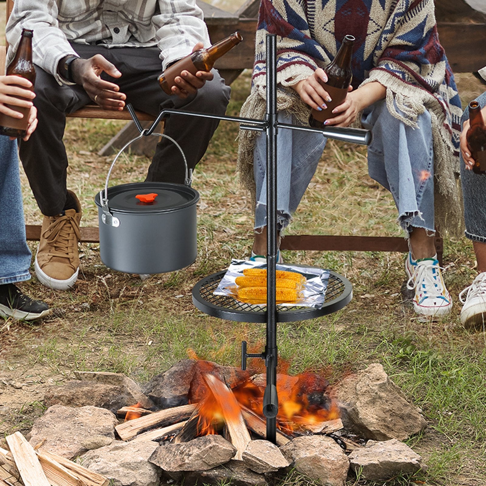 Swivel Campfire Grill, Fire Pit Grill Grate Over Fire Pits, Heavy Duty Steel Grill Grates, 360° Adjustable Open Fire Outdoor Cooking Equipment, Portable Camp Fire Racks For Camping Outdoor BBQ