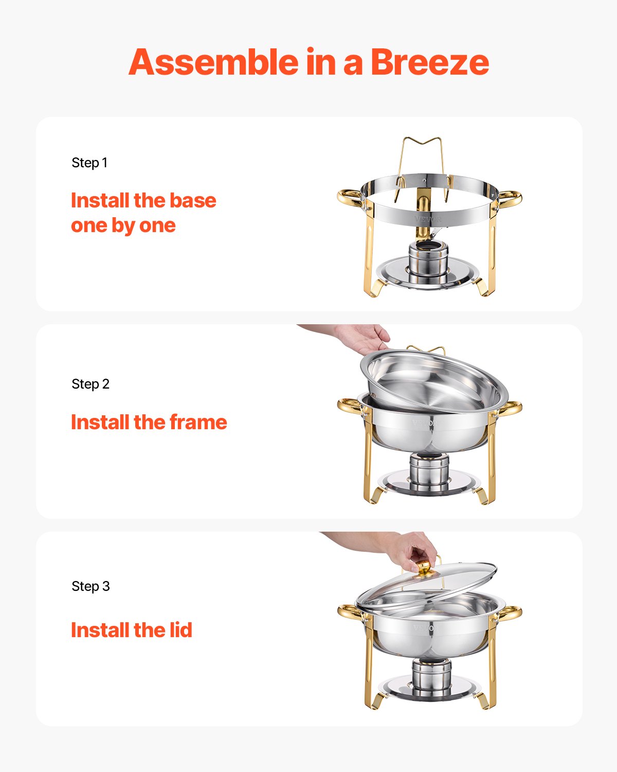 5 Qt 4 Pack Round Chafing Dish Buffet Set Full-Size Pan Stainless Steel Gold