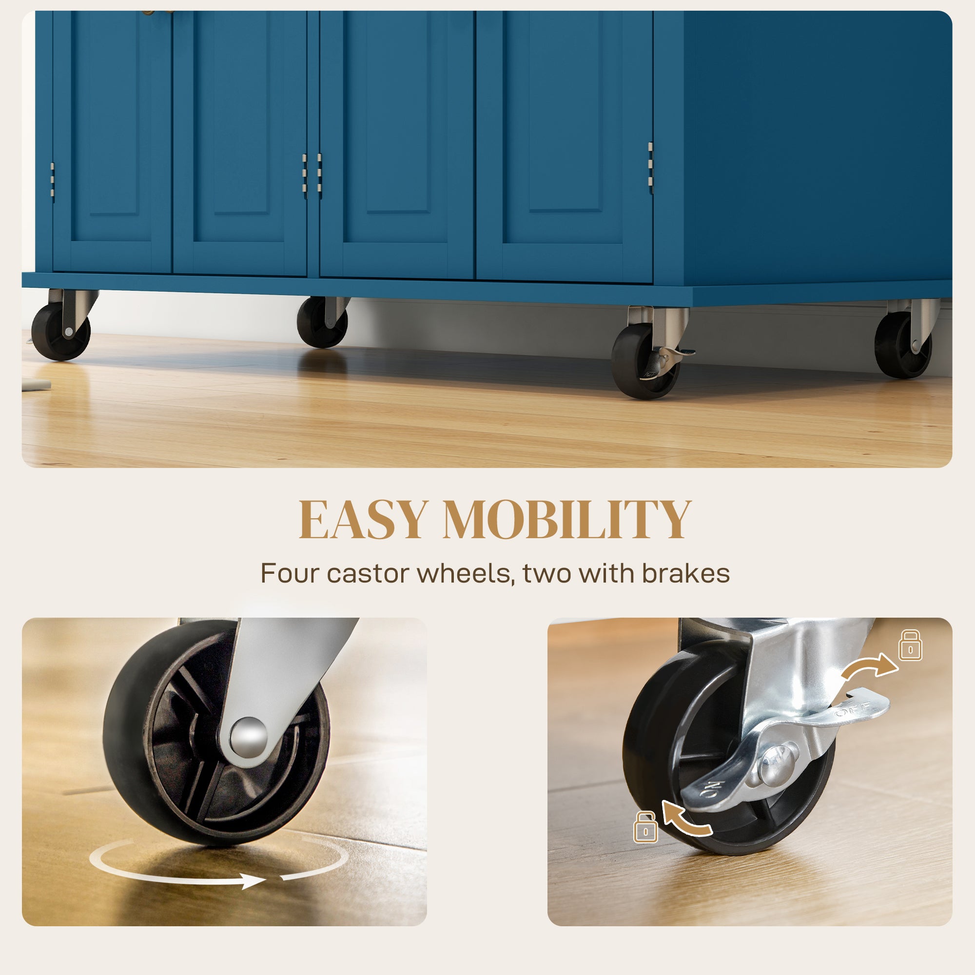 Kitchen Island on Wheels, Rolling Cart with Rubberwood Top, Spice Rack, Towel Rack and Drawers, Turquoise