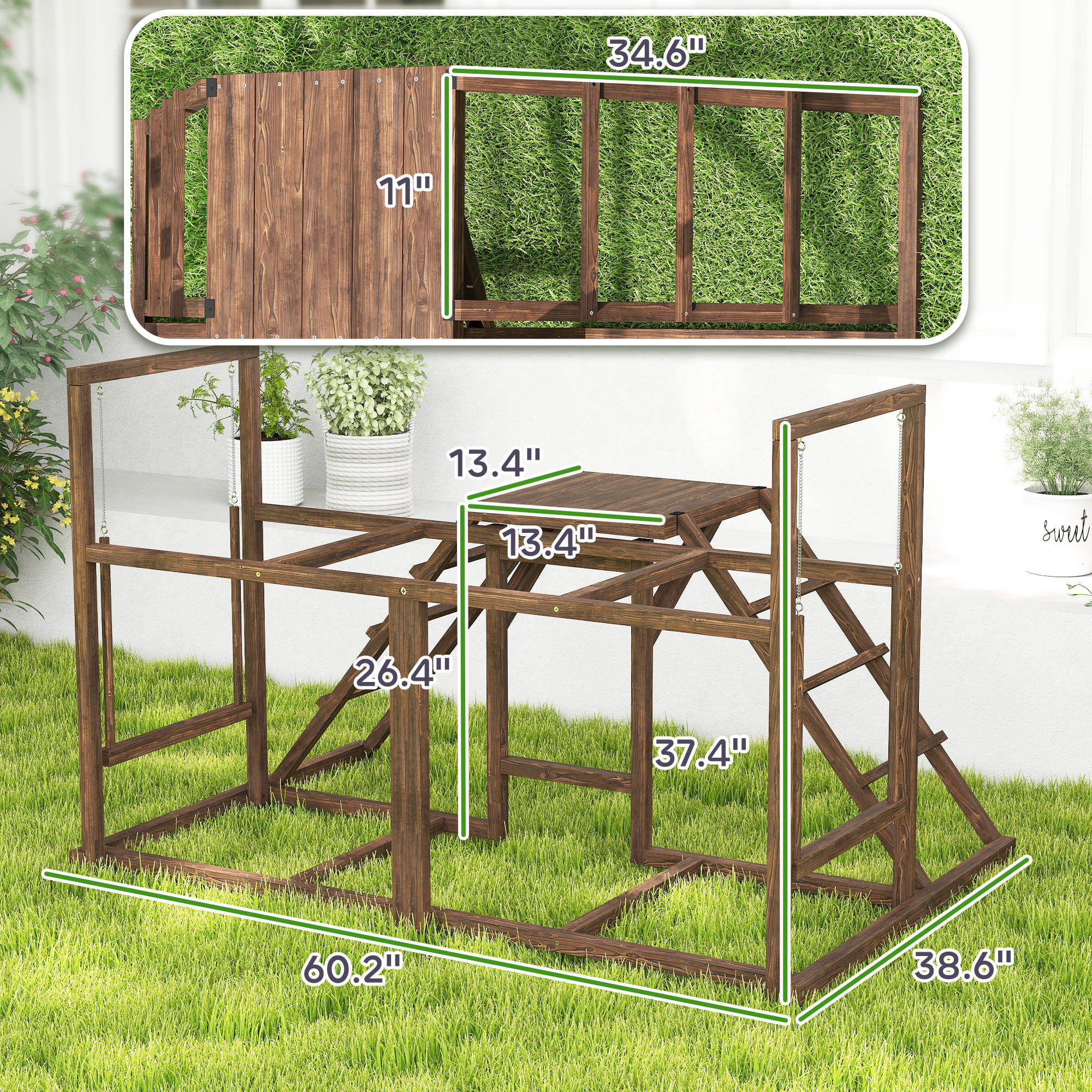 Chicken Activity Play Set with Multiple Chicken Perches, Swing, Ladder, Platform for 3-4 Chickens, Coffee
