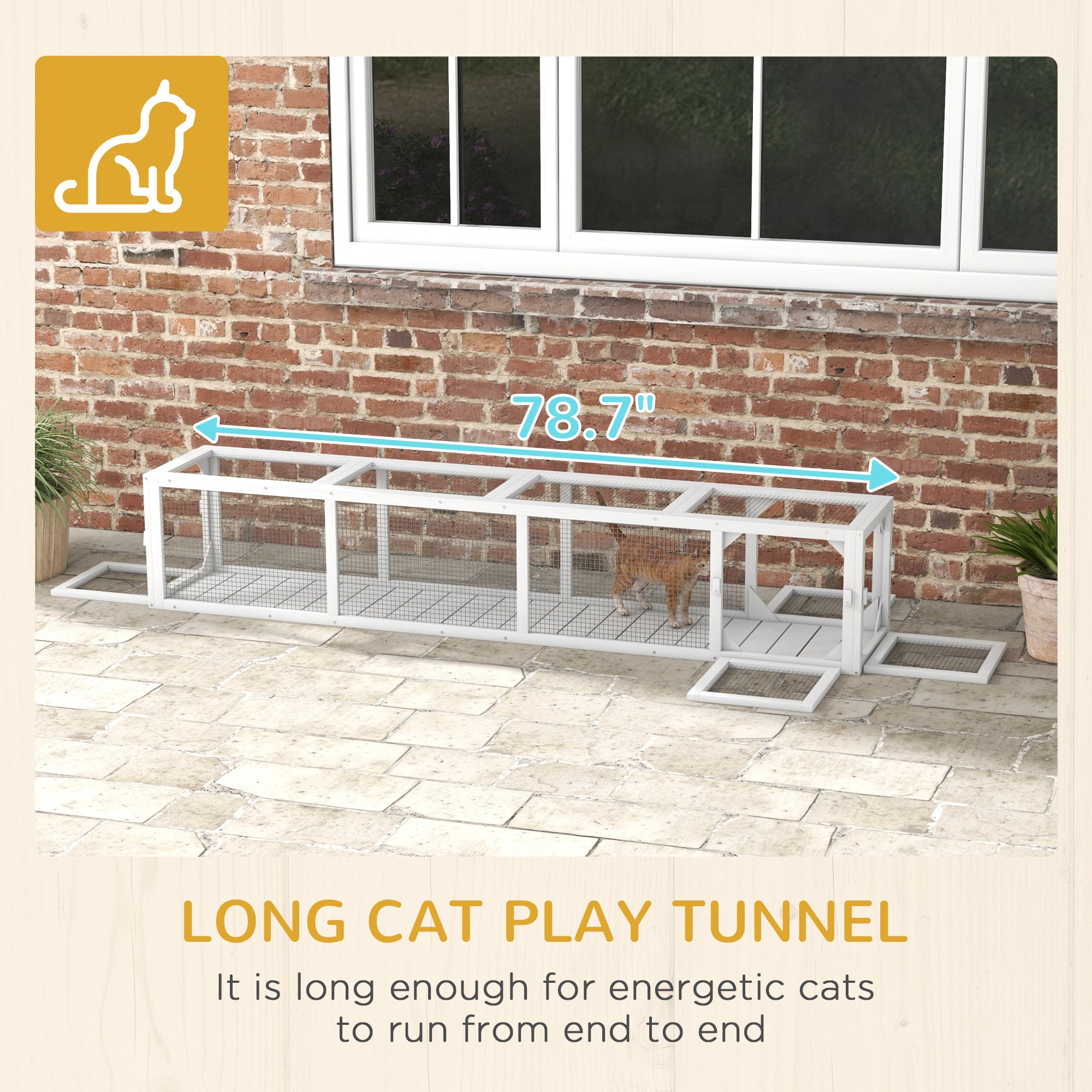 Wooden Cat Run with Weather Protection, Connecting Inside and Outside, 79"L x 15"W x 15"H, White