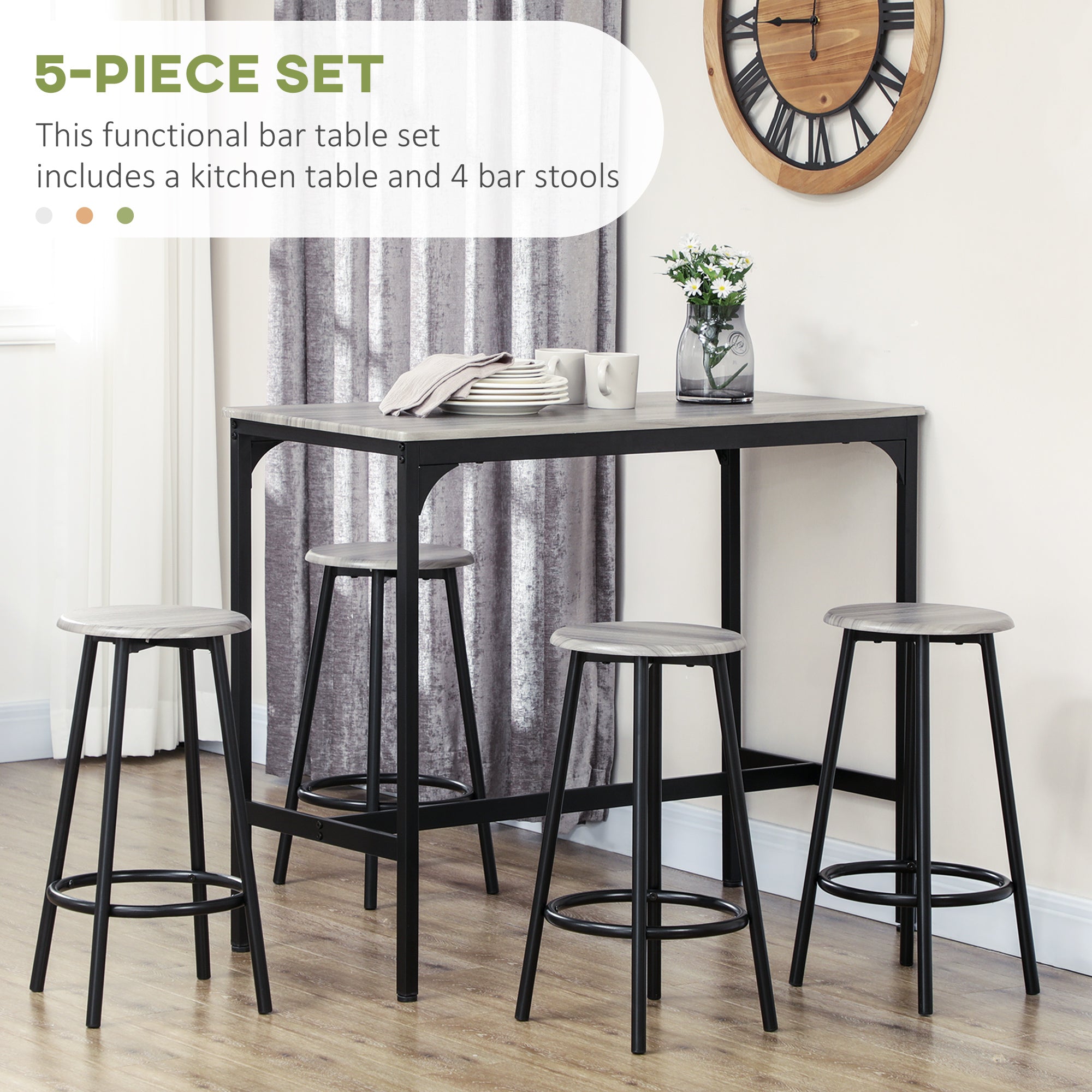 5-Piece Counter Height Bar Table Set, Rustic 43.25" Dining Table with 4 Bar Stools, Kitchen Table with Wooden Top for Pub, Dining Room, Gray