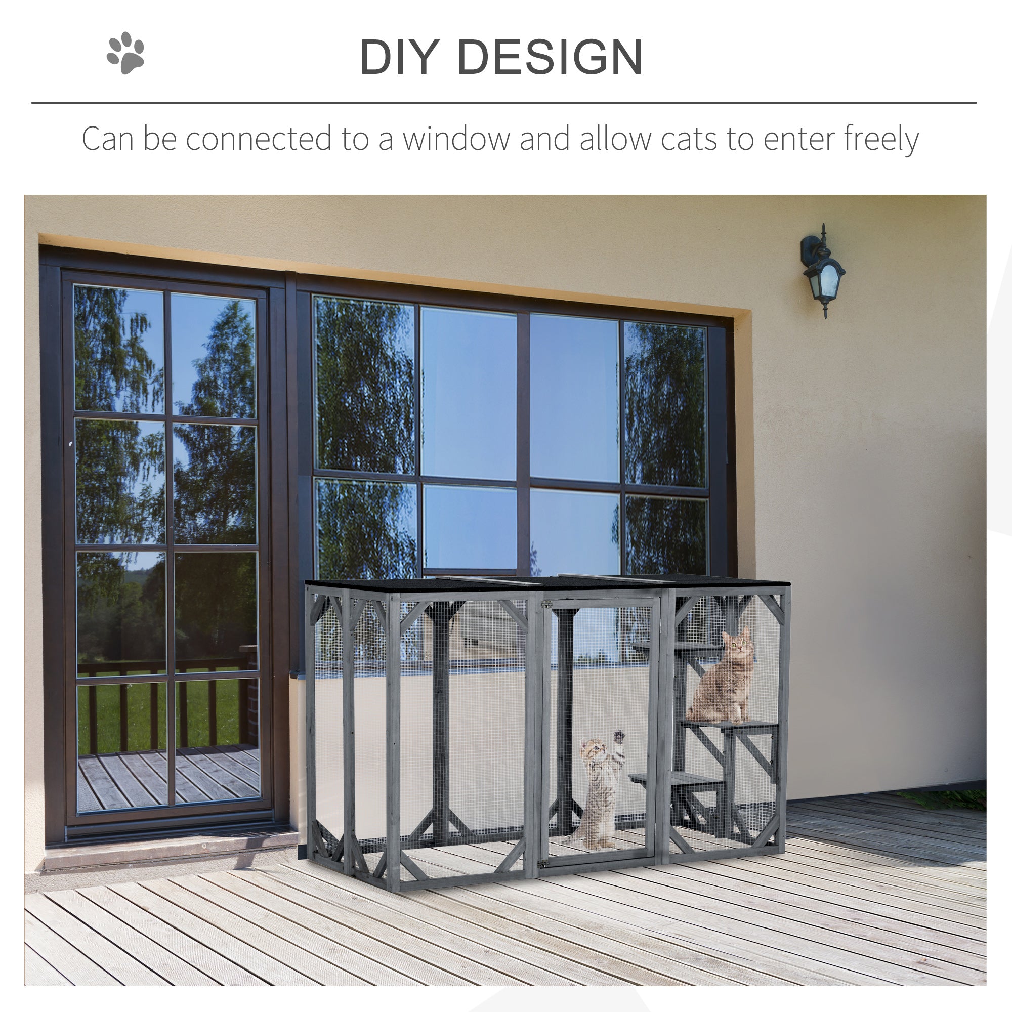 71" x 32" x 44" Large Wooden Outdoor Cat Enclosure Catio Cage With 3 Platforms, Gray