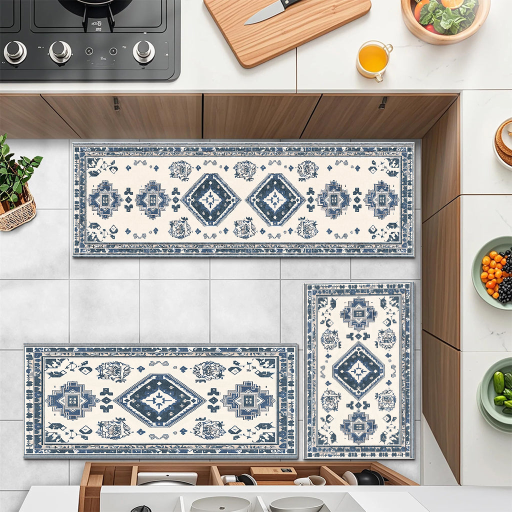 Blue And White Retro Ethnic Style Kitchen Carpet Three-piece Set Niche Artistic Texture Infuses Retro Ritual Feeling For Kitchen Space Non-slip Easy-to-clean And Also Produces A Piece Of Cashmere-like