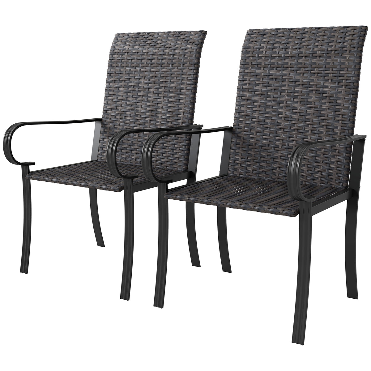Set of 2 Outdoor Wicker Dining Chairs with Armrest, Steel Frame, High Back and Deep Seating, Brown