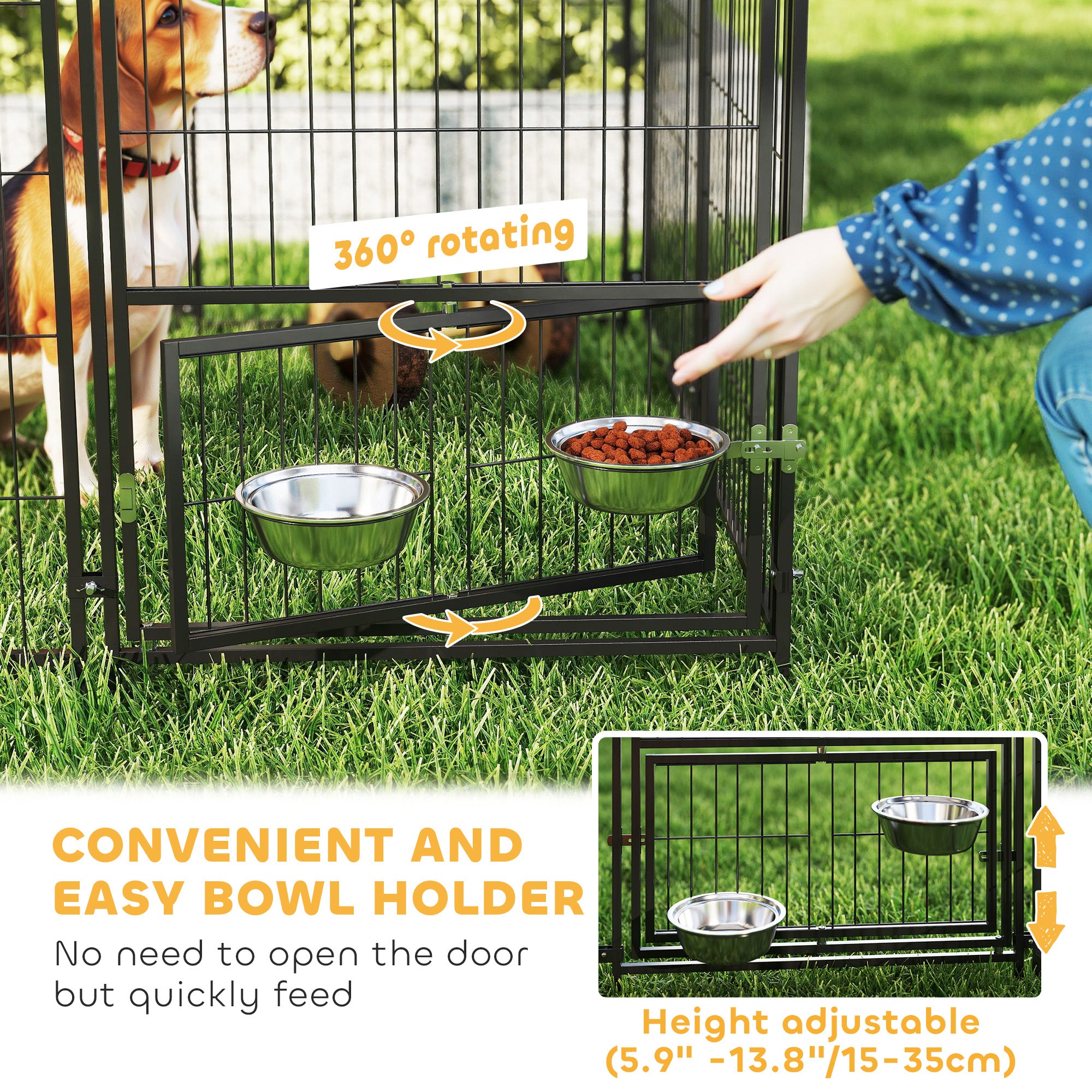 Large Outdoor Dog Kennel With Rotating & Adjustable Height Bowls, Waterproof & UV-Resistant Canopy, 11.3 X 4.7 X 5.1