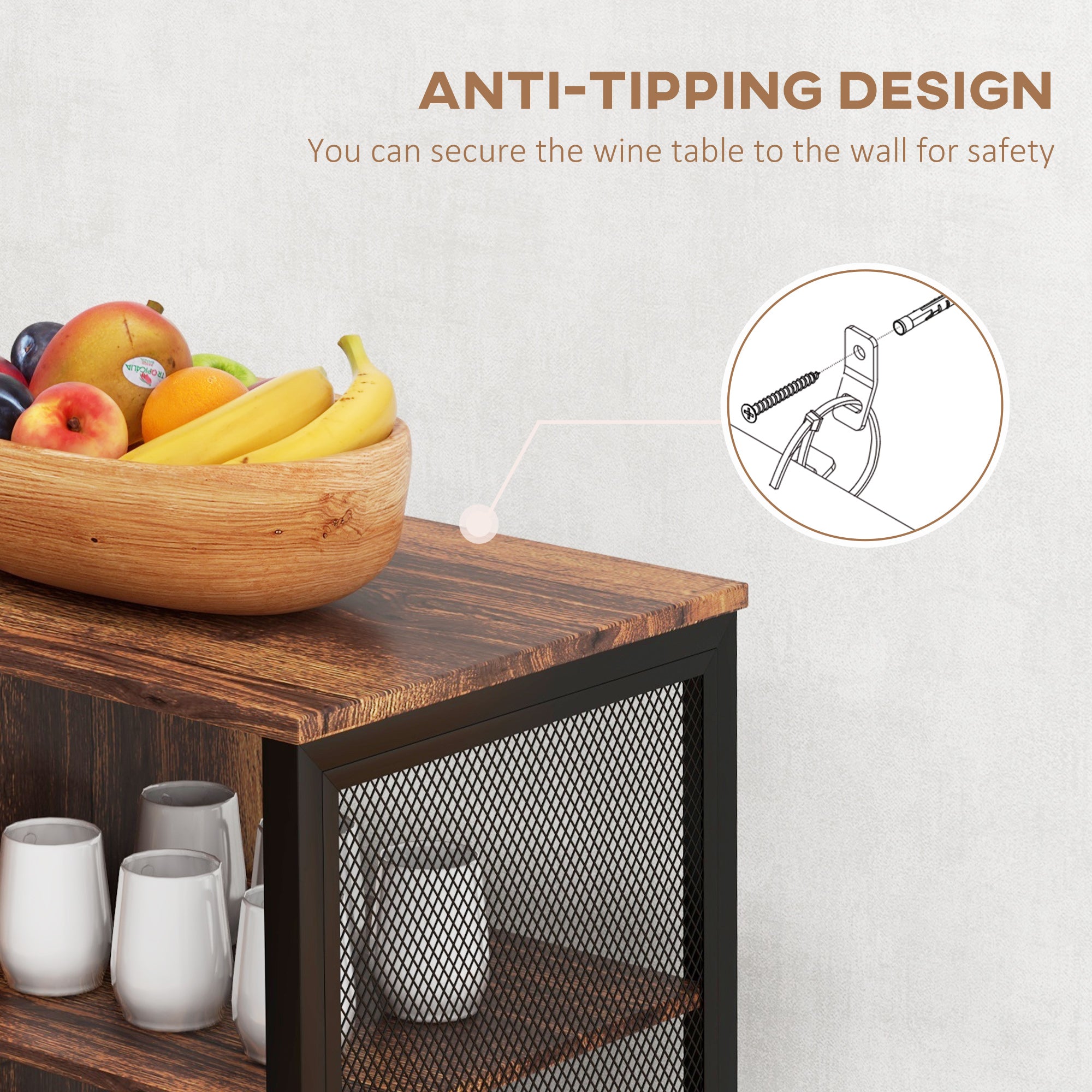 LED Wine Cabinet with Charging Station Glass Holders, Open Shelves, Rustic Brown