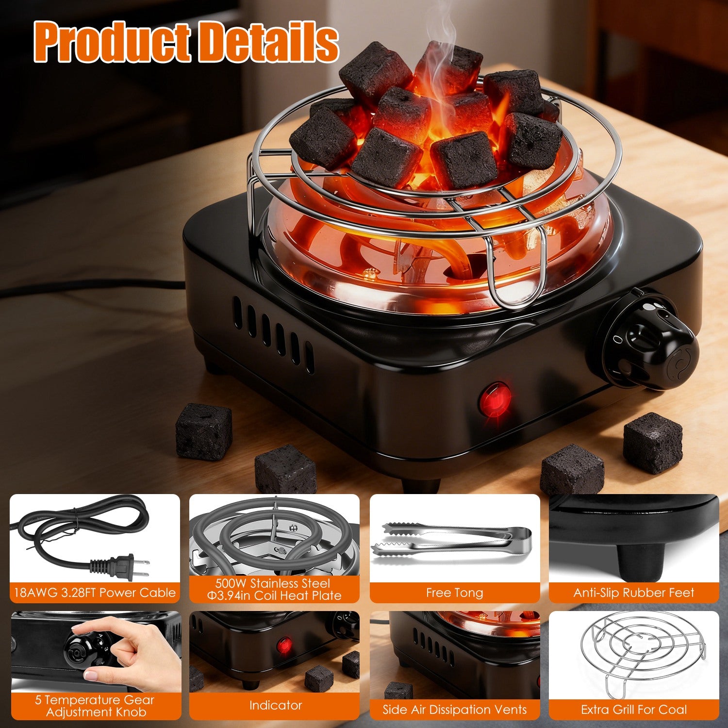 1Pc Electric Charcoal Burner 500W Hookah Charcoal Burner Compact Coal Burner For Hooka Cubes Shisha With Grill And Tongs 5 Temperature Gears Thermostat Control For Spring Summer