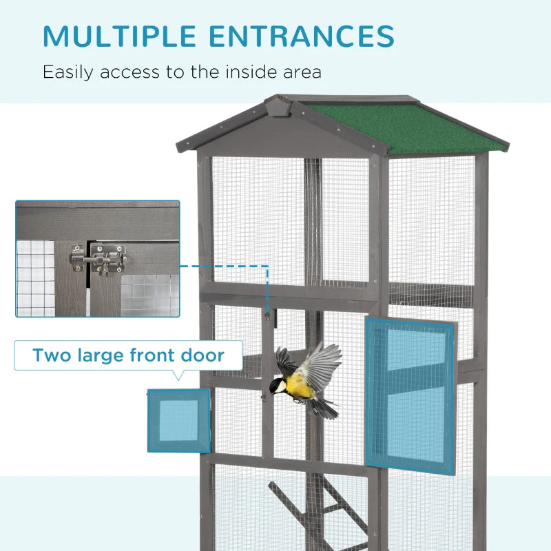 Wooden Bird Cage Outdoor Aviary House For Parrot, Parakeet, With Pull Out Tray And 2 Doors, Grey