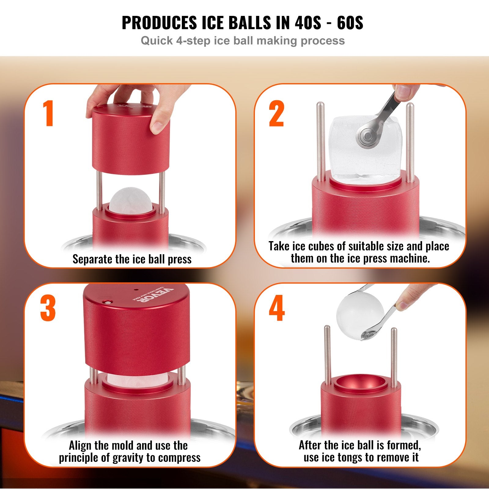 Ice Ball Press, 2.4' Ice Ball Maker, Aircraft Al Alloy Ice Ball Press Kit For 60mm Ice Sphere, Ice Press With Tong And Drip Tray, For Whiskey, Cocktail, Bourbon, Scot On Party & Holiday, Red