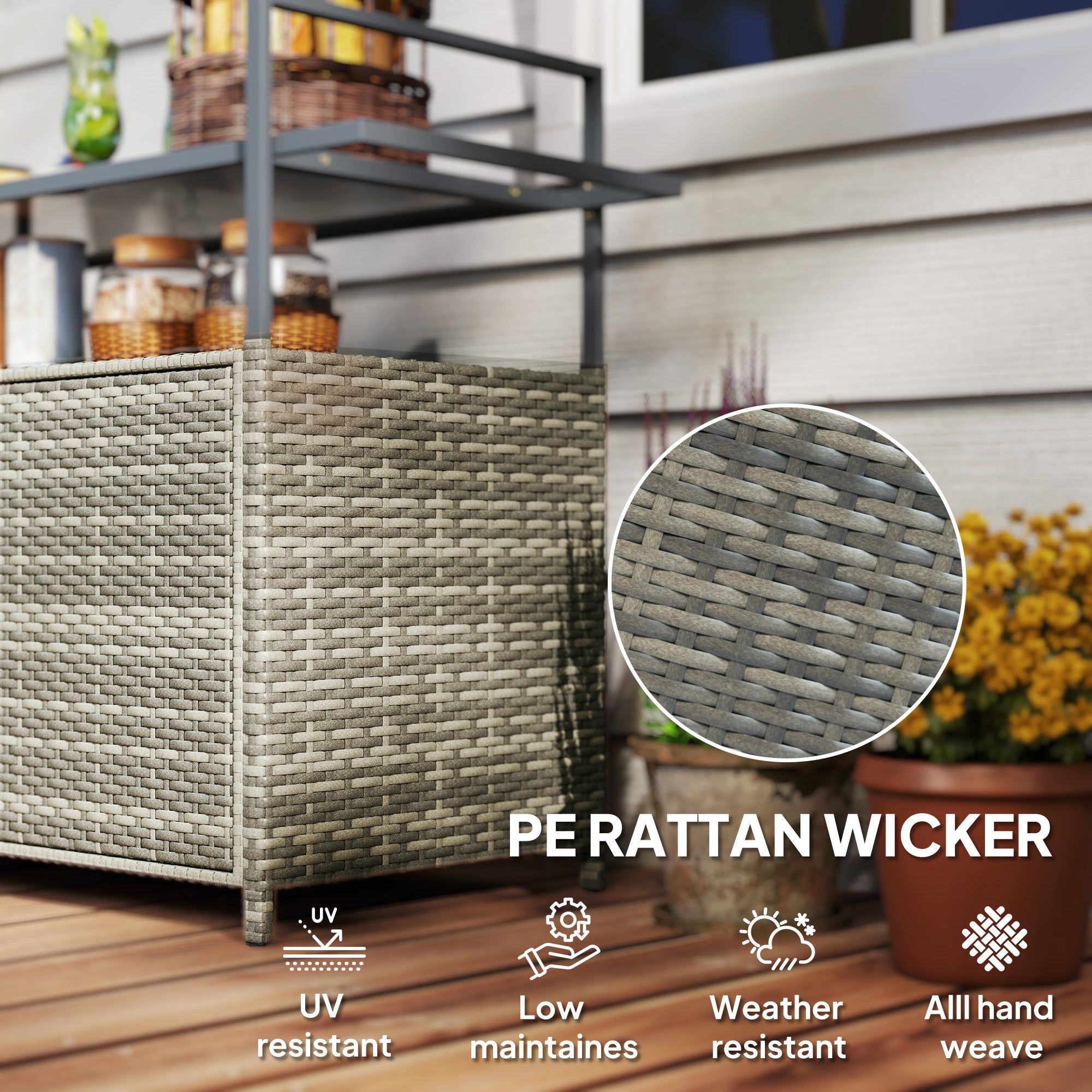 2-Tier Shelf PE Rattan Outdoor Bar Table, Glass Top Outdoor Serving Cart With Cabinet, Mixed Gray