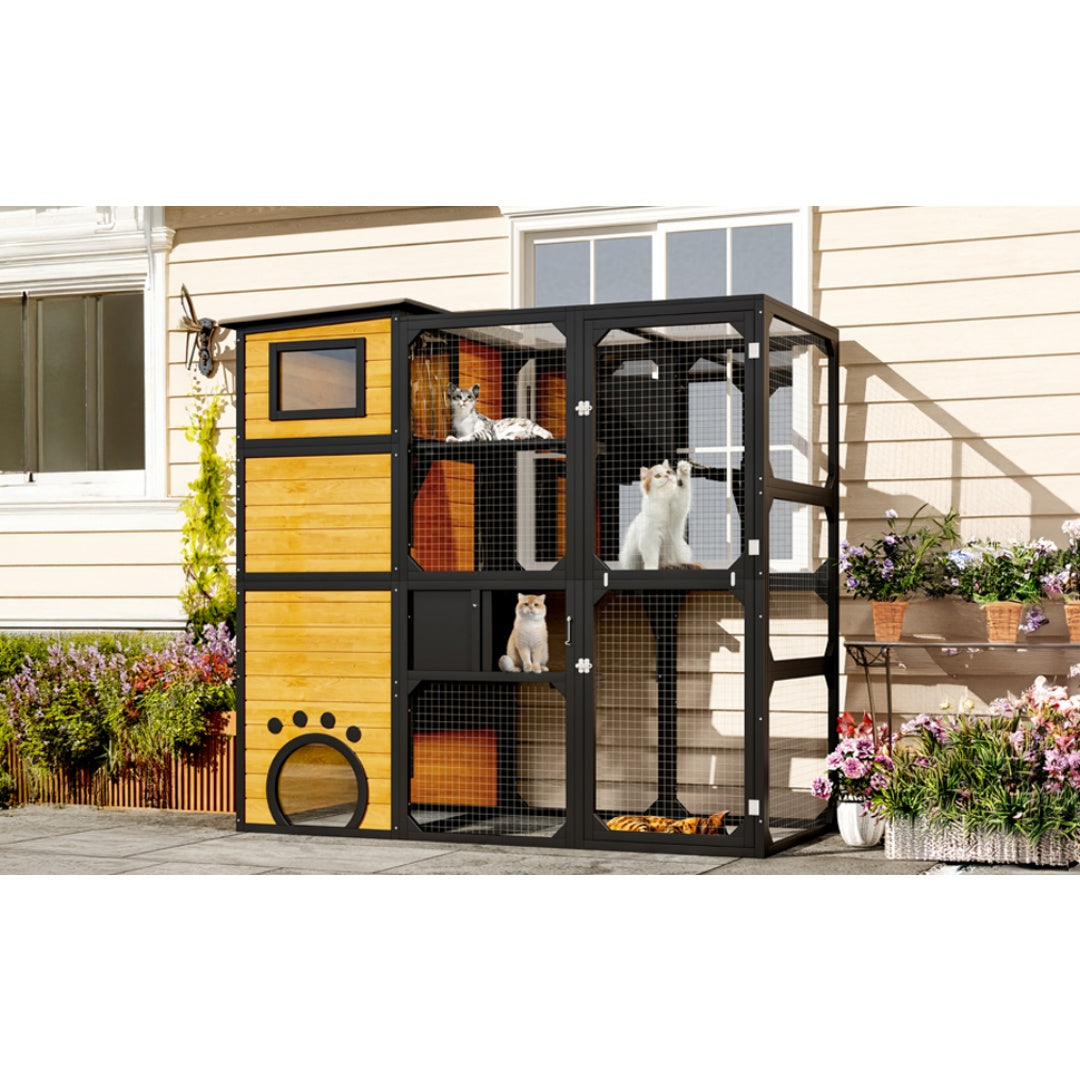GO Large Cat Catio 4 Tiers Cat Enclosure For Outdoor, Cat House Weatherproof Attached To Window For Multiple Cats With Platforms And Resting Rooms, Brown