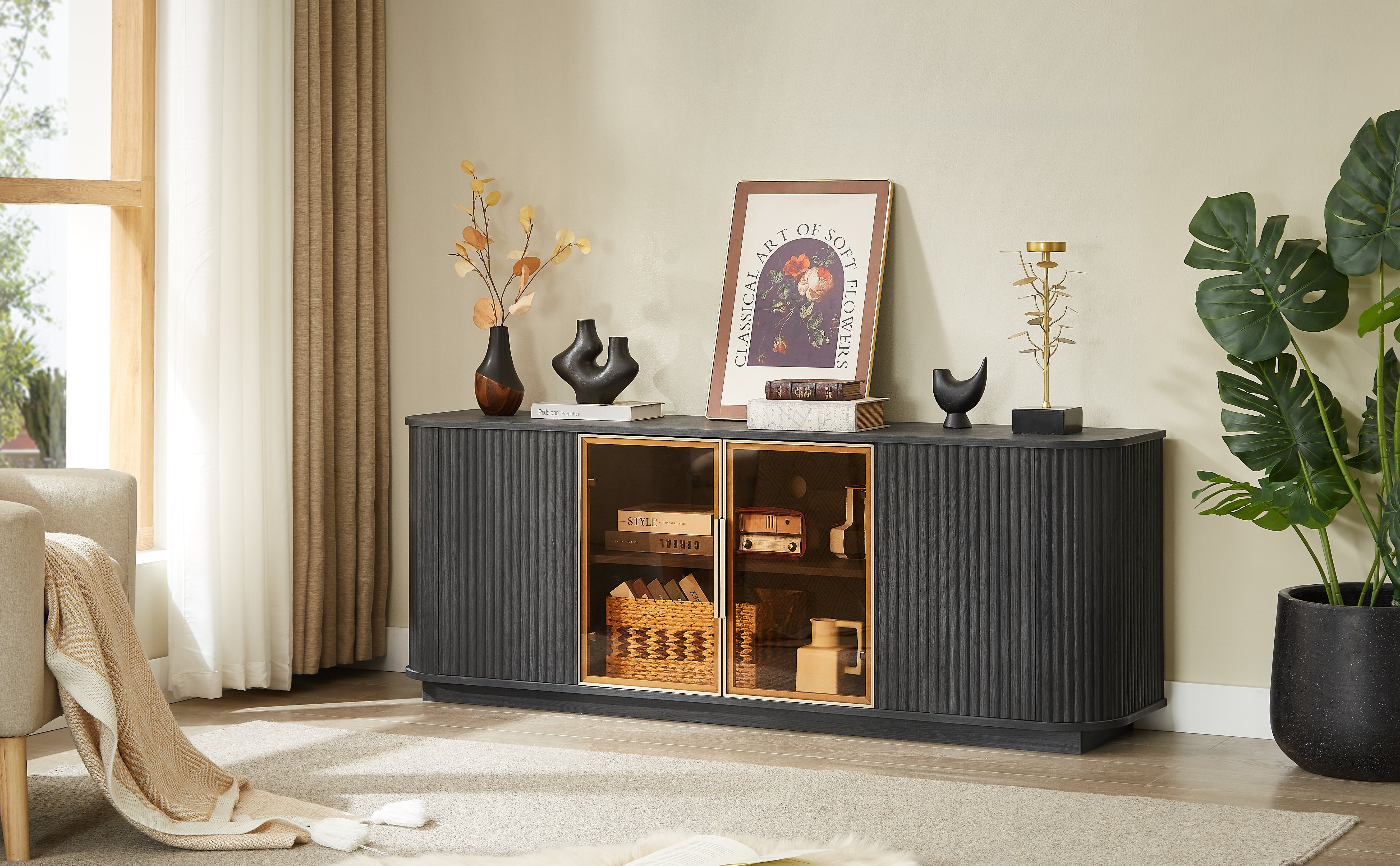 64-Inch Wavy TV Cabinet, Round Sideboard, Wooden Vertical Stripe Storage Cabinet, Aluminum Door Framed Tempered Glass Cabinet For Living Room Bedroom Entryway. Black,64W X 15D X 24H.