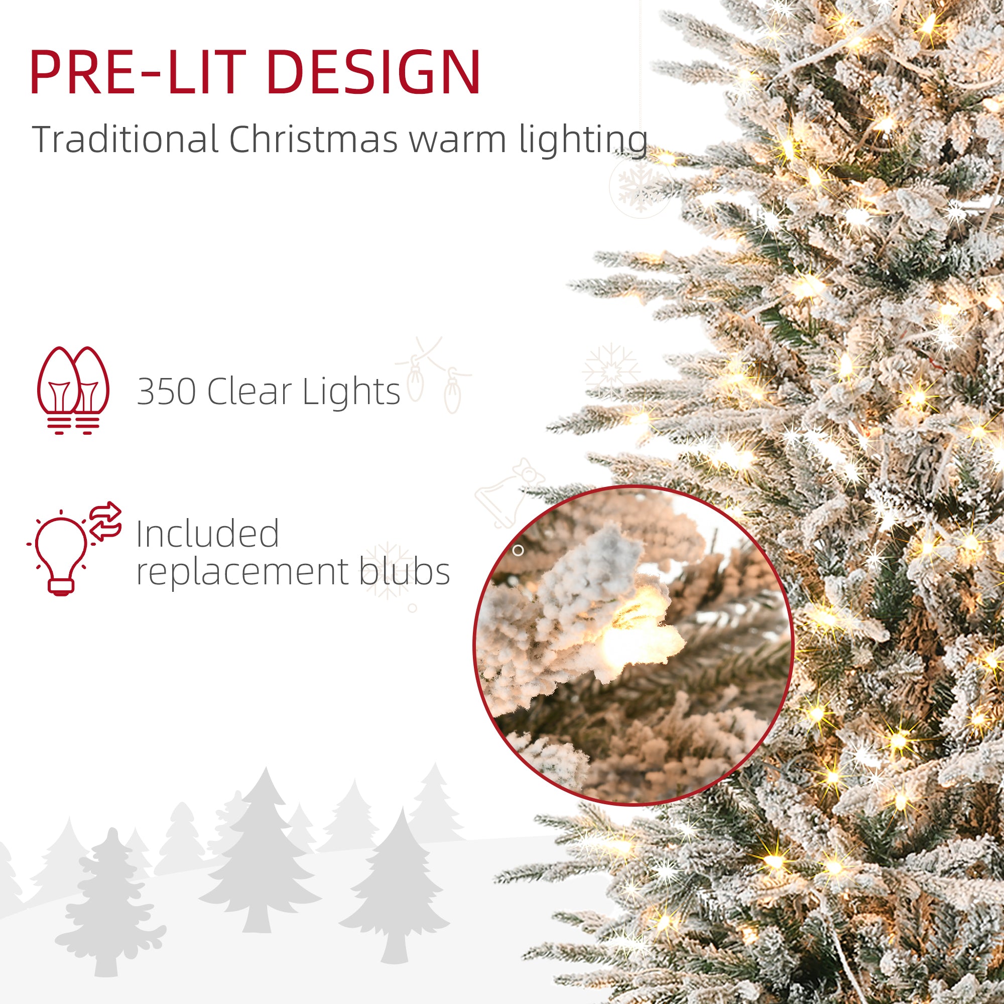 HOMCOM 7.5ft Tall Prelit Artificial Christmas Tree Holiday Decor With 850 Snow Flocked Branches, 350 Warm Yellow Clear Lights, Auto Open, Extra Bulb