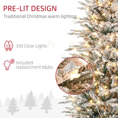 HOMCOM 7.5ft Tall Prelit Artificial Christmas Tree Holiday Decor With 850 Snow Flocked Branches, 350 Warm Yellow Clear Lights, Auto Open, Extra Bulb