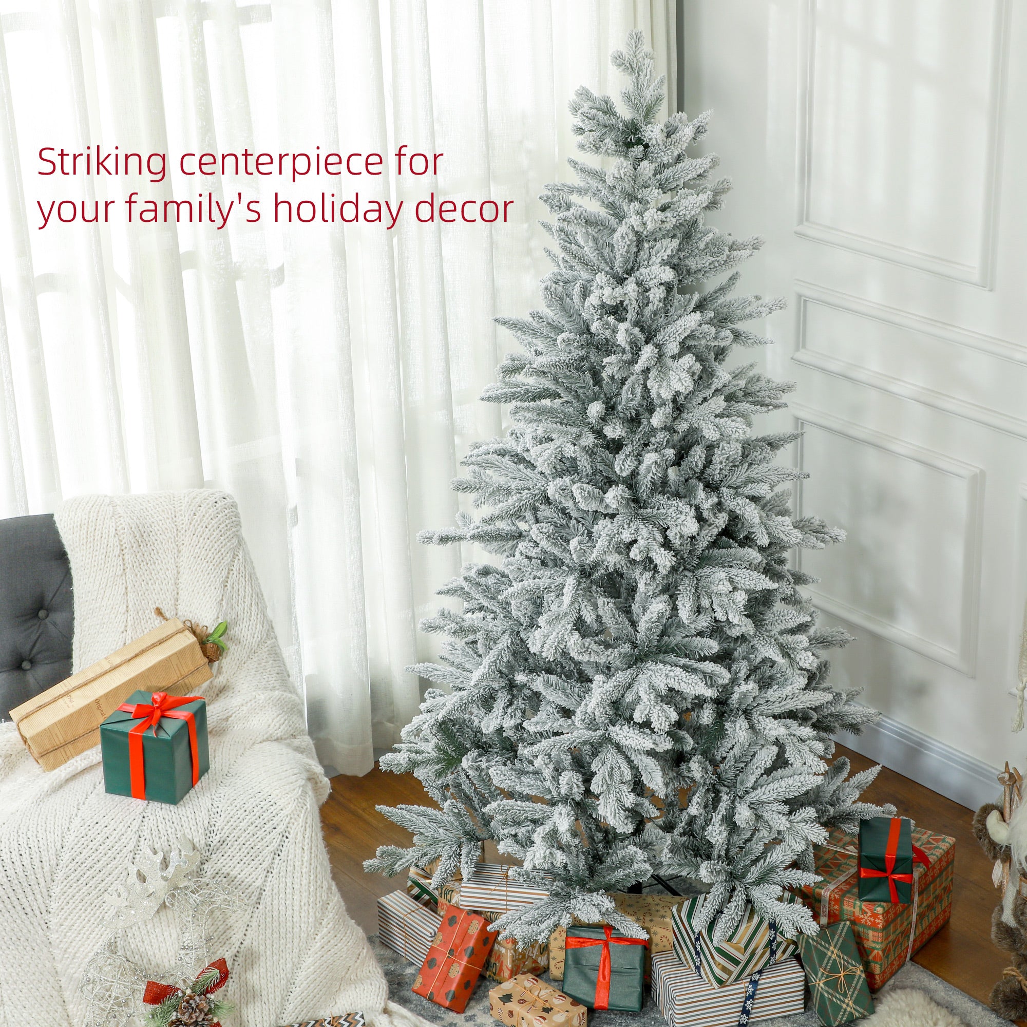 HOMCOM 6ft Snow Flocked Artificial Christmas Tree With 994 Tips, Foldable Metal Stand, Easy Assembly, Hinged Xmas Tree For Home, Office, Holiday, Green