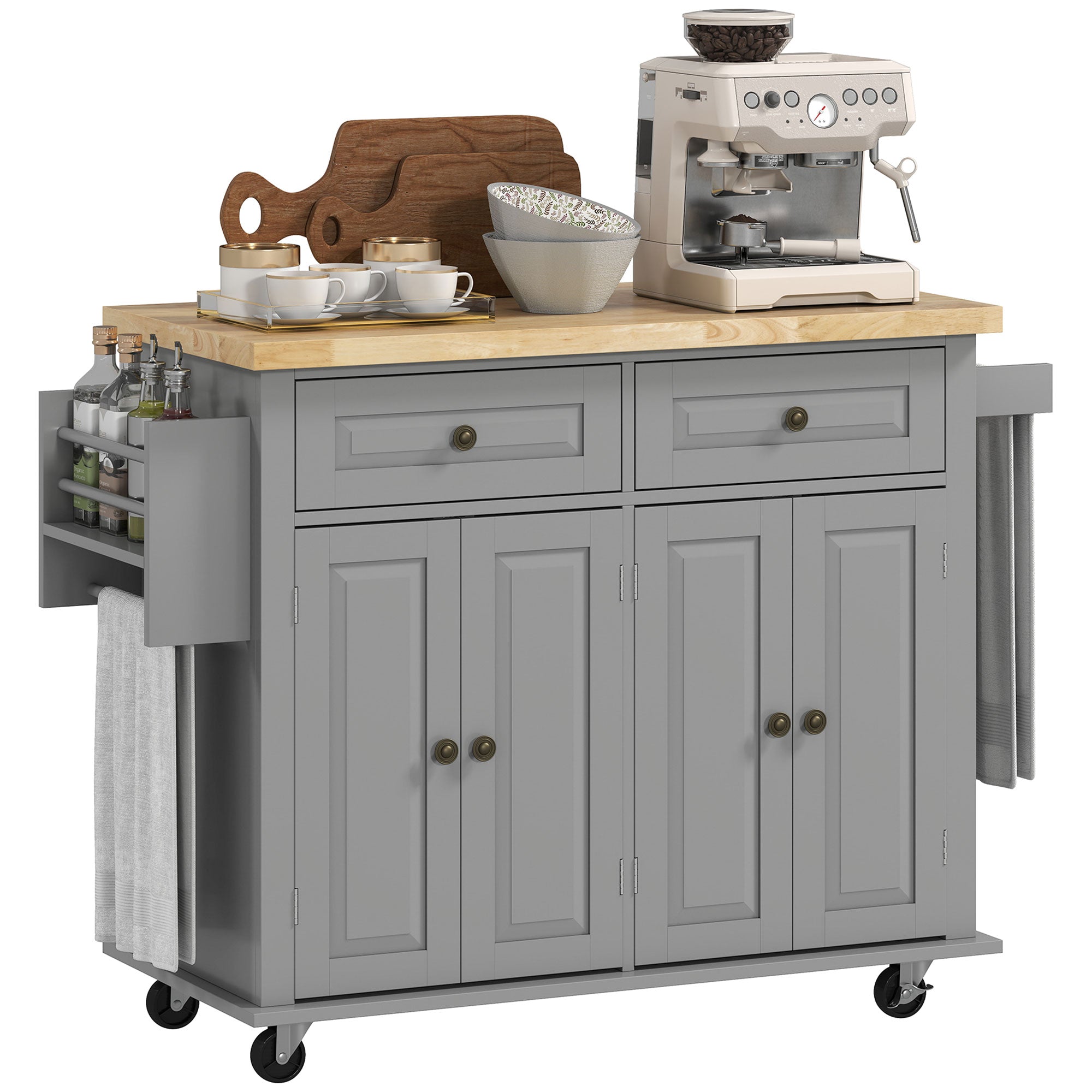 Kitchen Island Cart with Rubber Wood Top, Rolling Kitchen Island Table on Wheels with Drawers, Adjustable Shelves, Spice Rack and Towel Rack for Dining Room, Gray