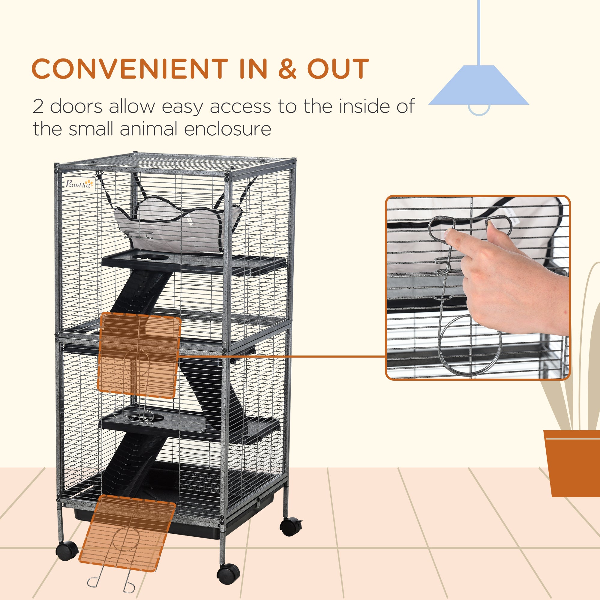 Metal Small Animal Cage Rolling Big Ferret Cage, Chinchilla Cage, Sugar Glider Cage, with Hammock & 4 Tiers, Removable Tray, Gray