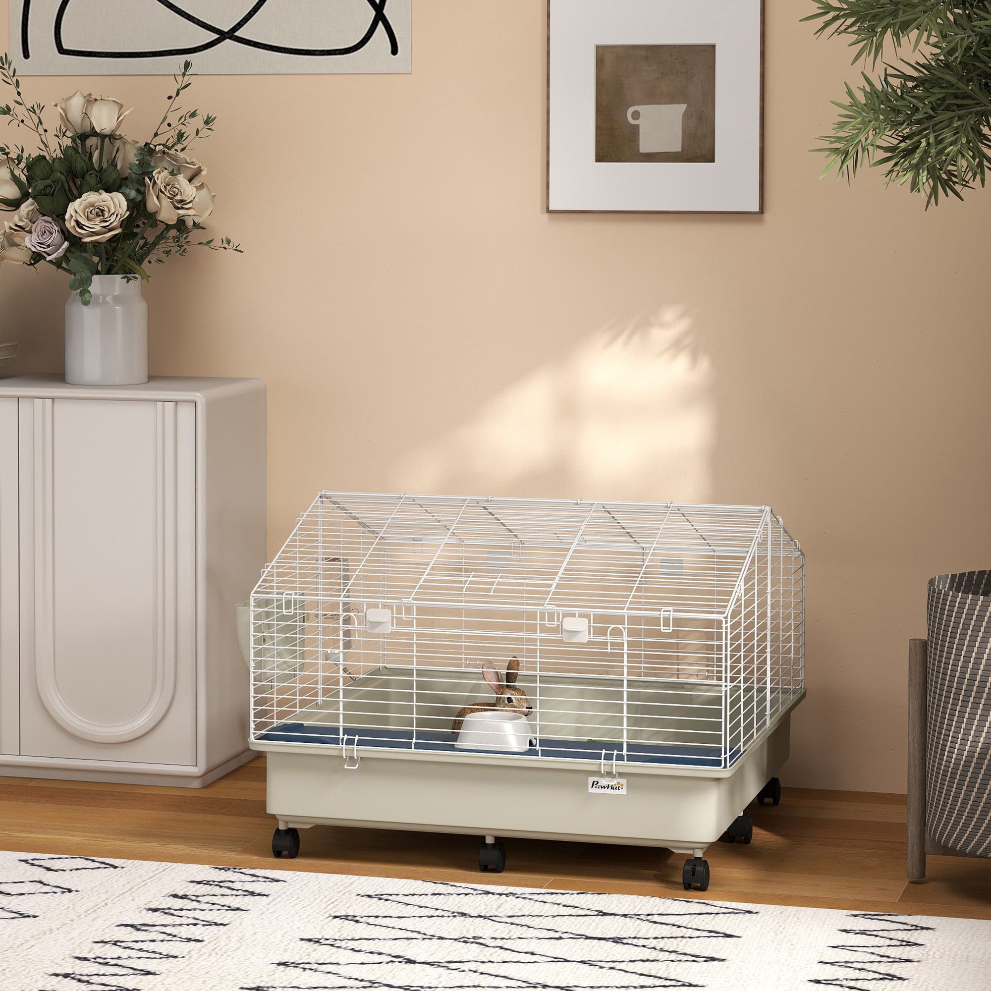 Rolling Small Animal Cage With Water Bottle, Hay Feeder, Food Dish For Rabbits, Hedgehogs, Guinea Pigs, 35 X 35x 25