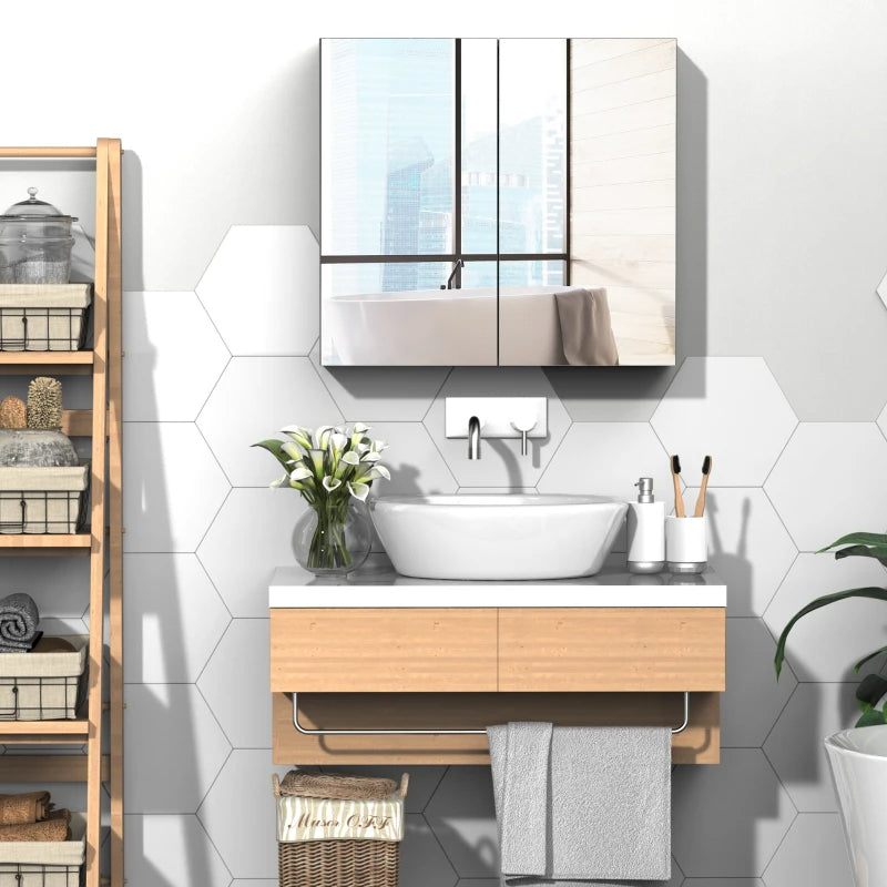Kleankin Bathroom Mirrored Cabinet, Steel Frame Medicine Cabinet, Wall-Mounted Storage Organizer With Double Doors, White
