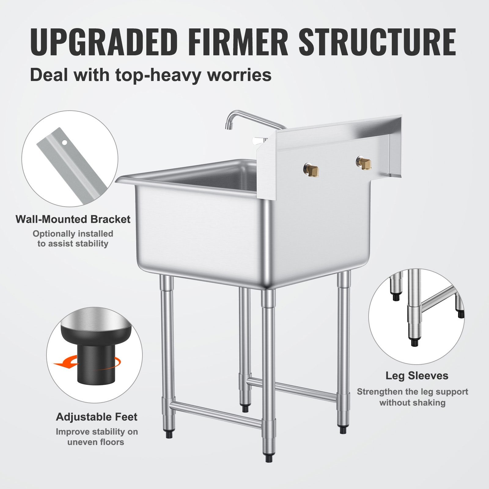Stainless Steel Prep & Utility Sink, 1 Compartment Free Standing Small Sink Include Faucet & Legs, 27'x41' Commercial Single Bowl Sinks For Garage, Restaurant, Kitchen, Laundry