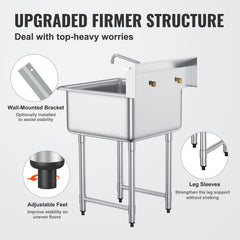 Stainless Steel Prep & Utility Sink, 1 Compartment Free Standing Small Sink Include Faucet & Legs, 27'x41' Commercial Single Bowl Sinks For Garage, Restaurant, Kitchen, Laundry