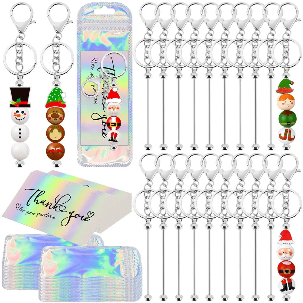 60 Pcs Beadable Keychain Bar Bulk Silver Bead Keychain Beaded Item For Pendant DIY Alloy Blank Key Chain Accessories Bulk Includes 20 Beadable Keychain 20 Bags 20 Cards