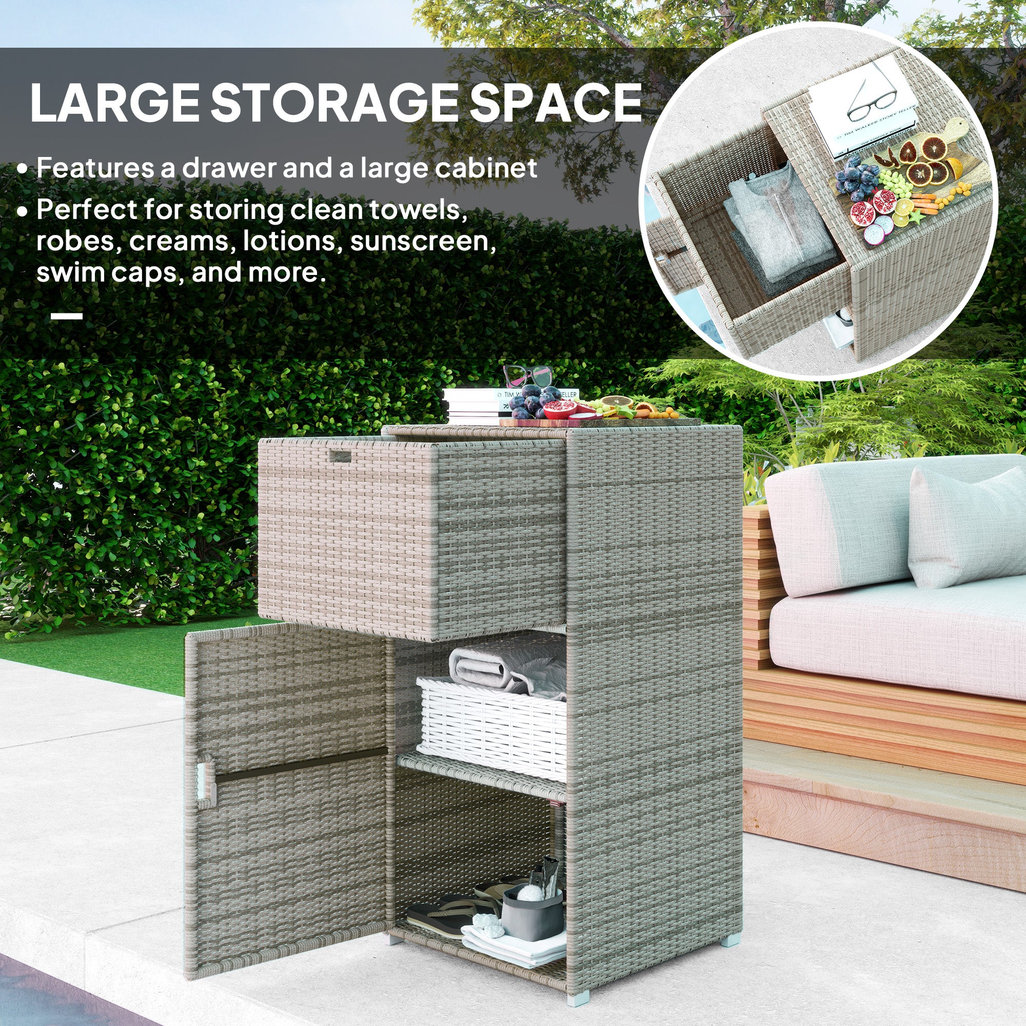 Outdoor Towel Rack For Pool W Drawer & Cabinet, Gray