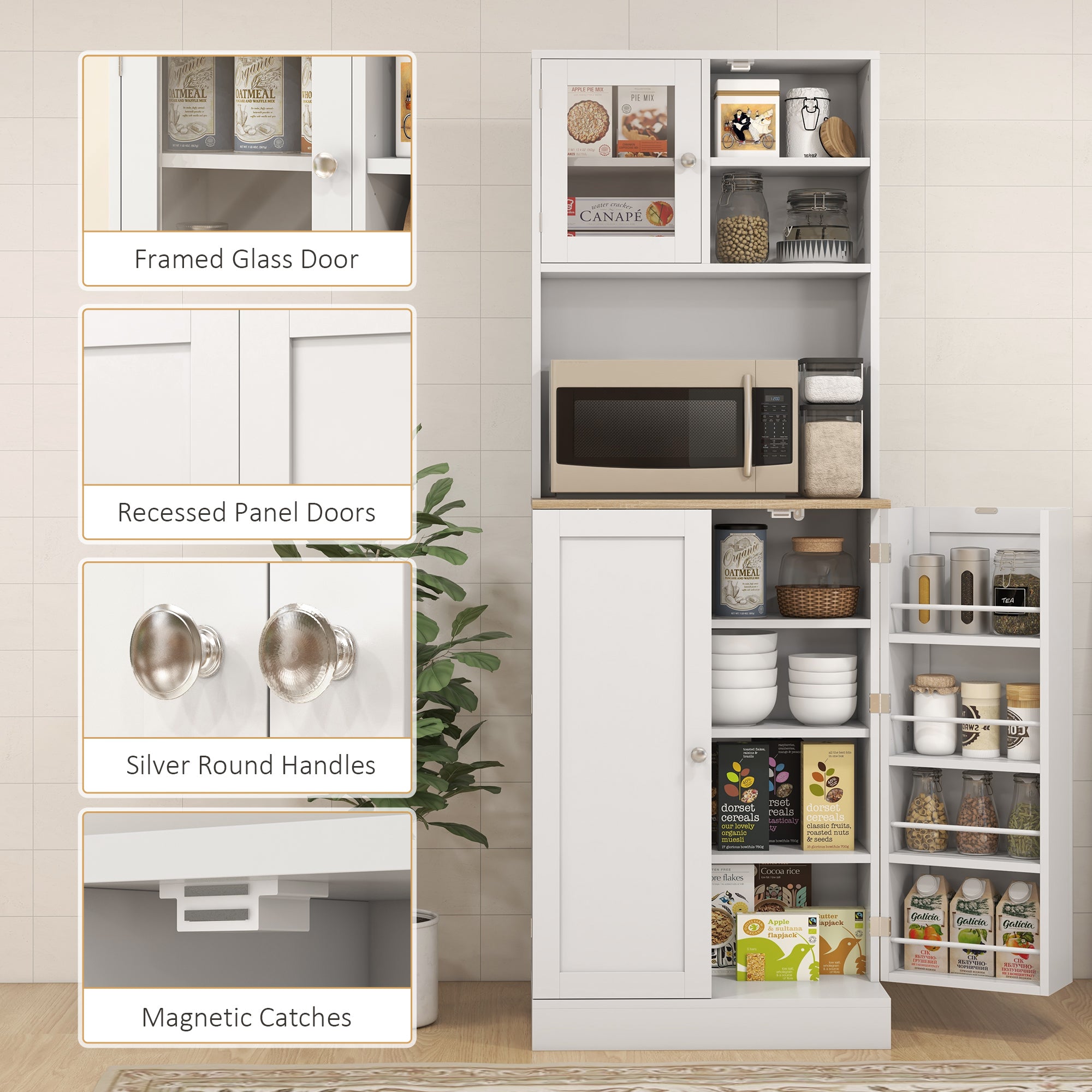 66.5" Tall Kitchen Pantry Cabinet, Kitchen Hutch, Microwave Cabinet with Adjustable Shelves for Dining Room, White