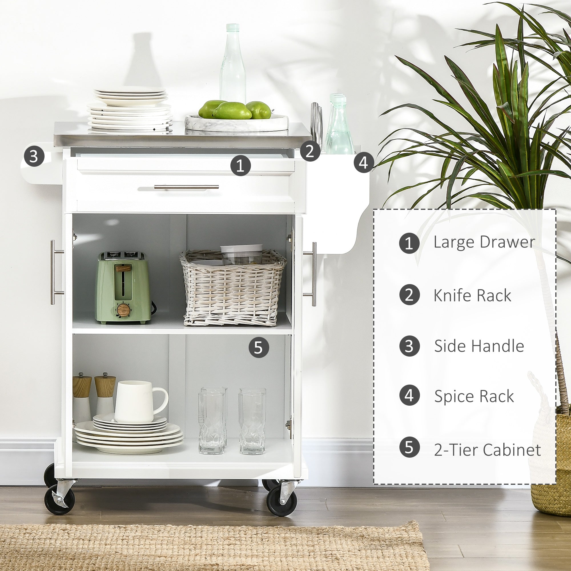 Kitchen Island on Wheels, Rolling Kitchen Cart with Stainless Steel Countertop, Drawer, Towel Rack and Spice Rack, Utility Storage Trolley, White