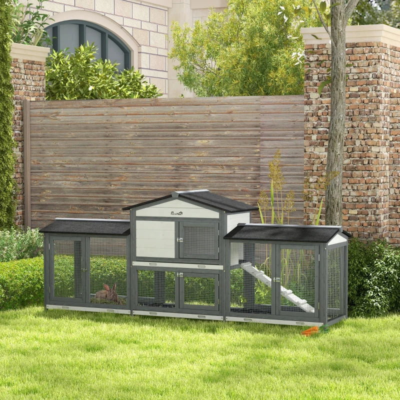 Wooden Rabbit Hutch Bunny Cage Pet Playpen House Enclosure With Double Side Run Boxes, No Leak Tray, Ramp, For Rabbits, Chickens, Ducks, Guinea Pig And Small Animals, Light Gray