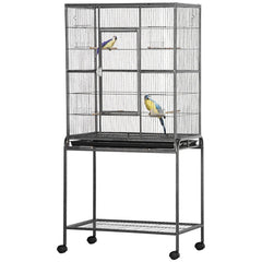 Rolling Metal Bird Cage Feeder With Detachable Rolling Stand, Storage Shelf, Wood Perch & Food Container