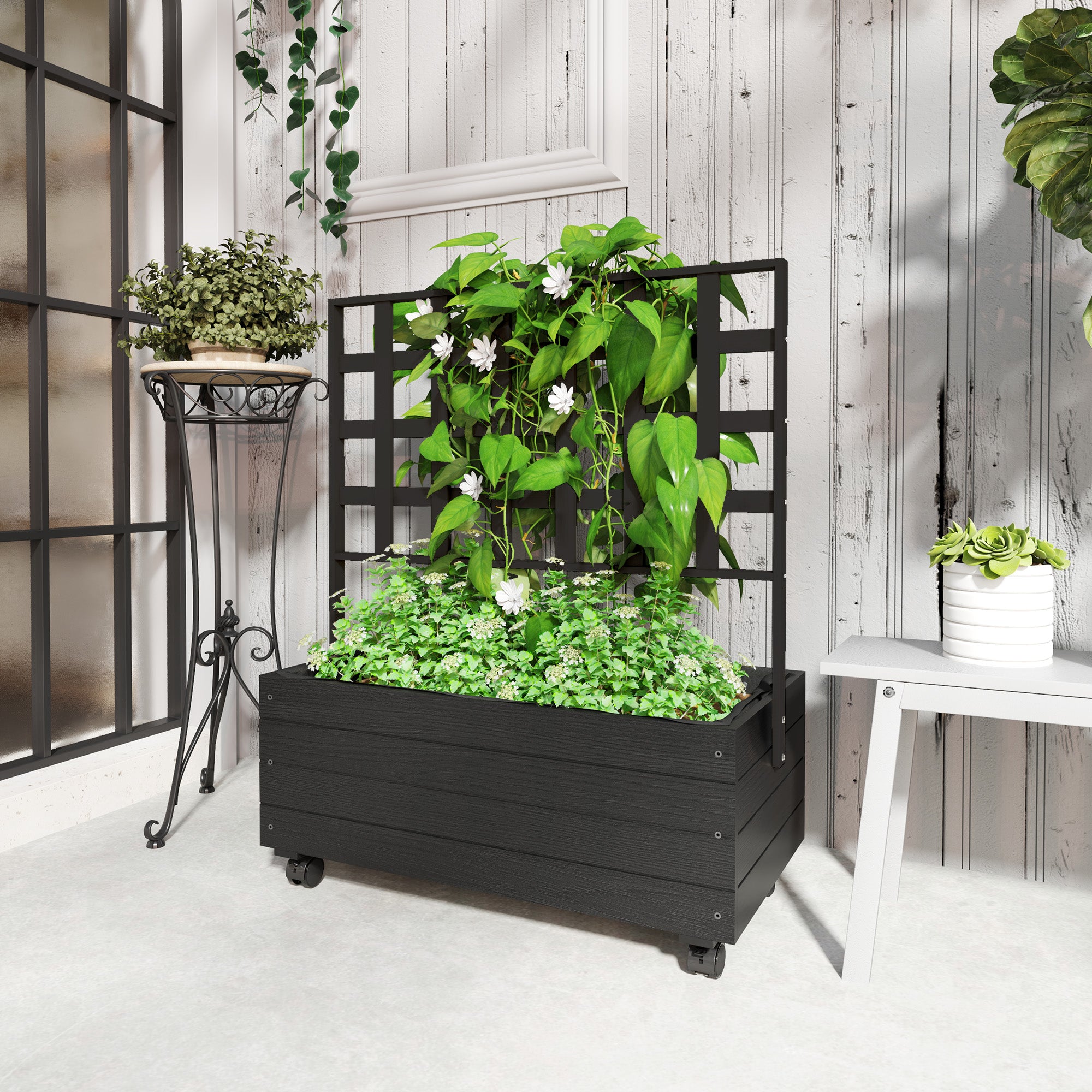 Raised Garden Bed With Trellis And Wheels, Outdoor Planter Wooden Elevated Garden Bed
