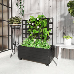 Raised Garden Bed With Trellis And Wheels, Outdoor Planter Wooden Elevated Garden Bed