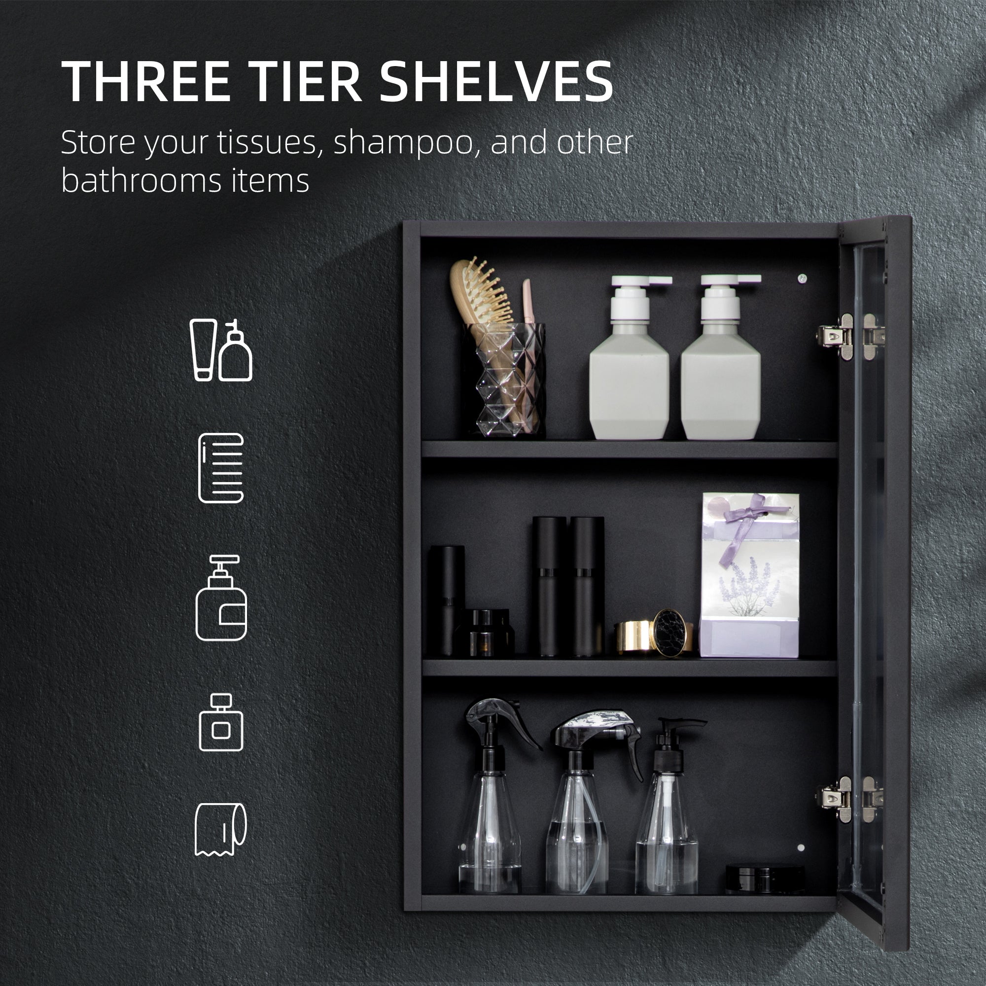 Wall-Mounted Medicine Cabinet with Mirror, Stainless Steel Bathroom Mirror Cabinet Wall Mounted with Storage Shelves for Living Room and Laundry Room, Black