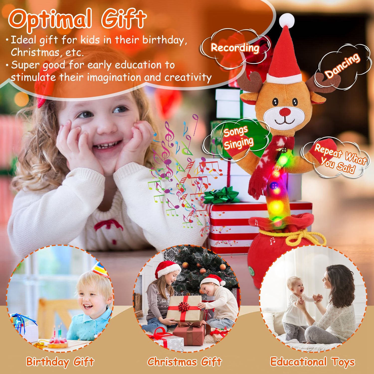 1Pc Penguin Or Elk Kid Electric Dance Toy Christmas Elk Snowman Senior Penguin Plush Toy Interactive Sing Song Whirling Mimicking Recording Light Up Toy