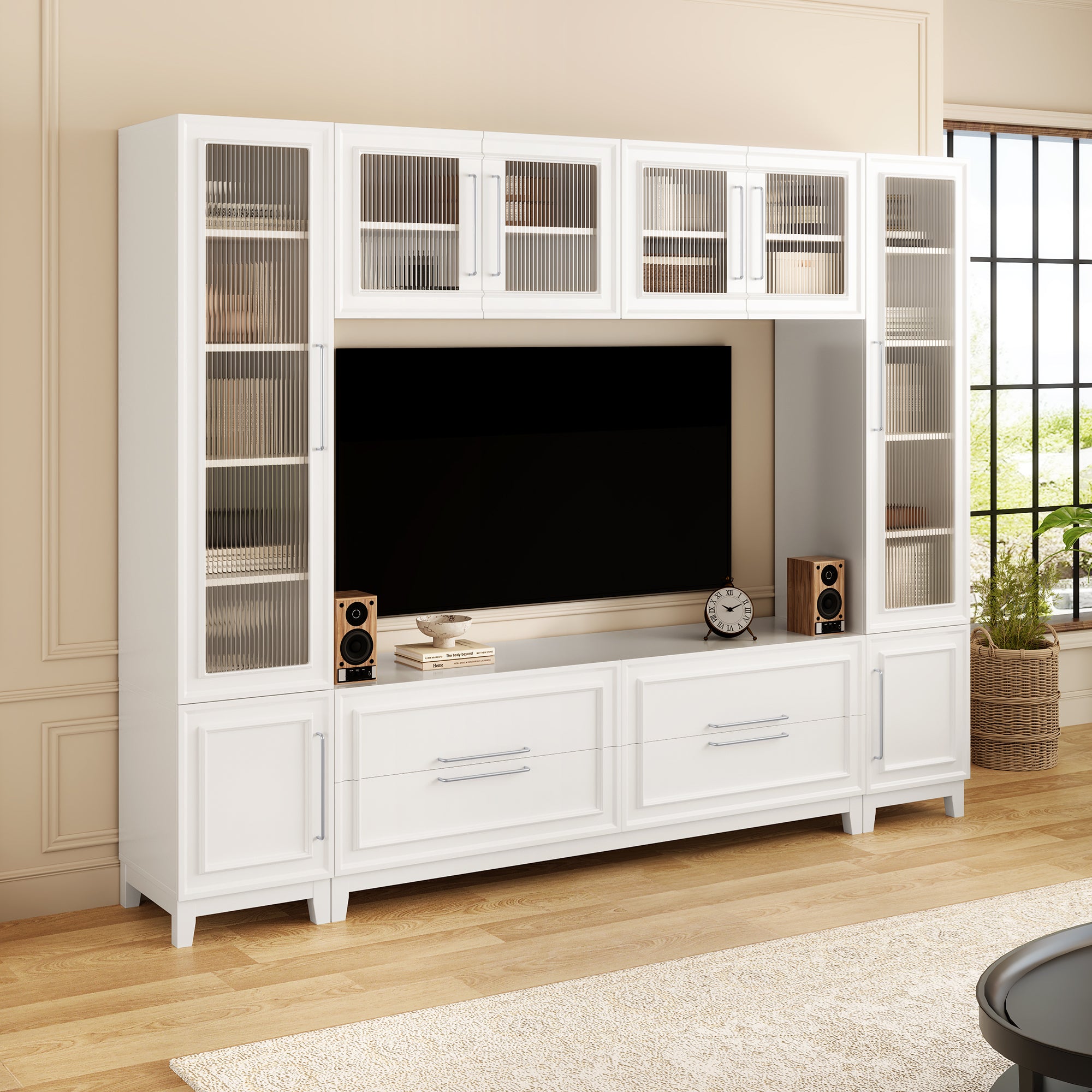 VIBE HAUS 102 W Wall Unit Modern Entertainment Center With Glass Doors For TVs Up To 75, Large Minimalist TV Stand Media Console With Drawers For Living Room