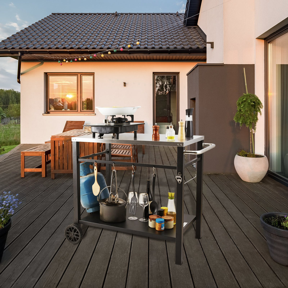 Outdoor Grill Dining Cart With Double-Shelf, BBQ Movable Food Prep Table, Multifunctional Stainless Steel Table Top, Portable Modular Carts For Pizza Oven, Worktable With 2 Wheels, Carry Handle