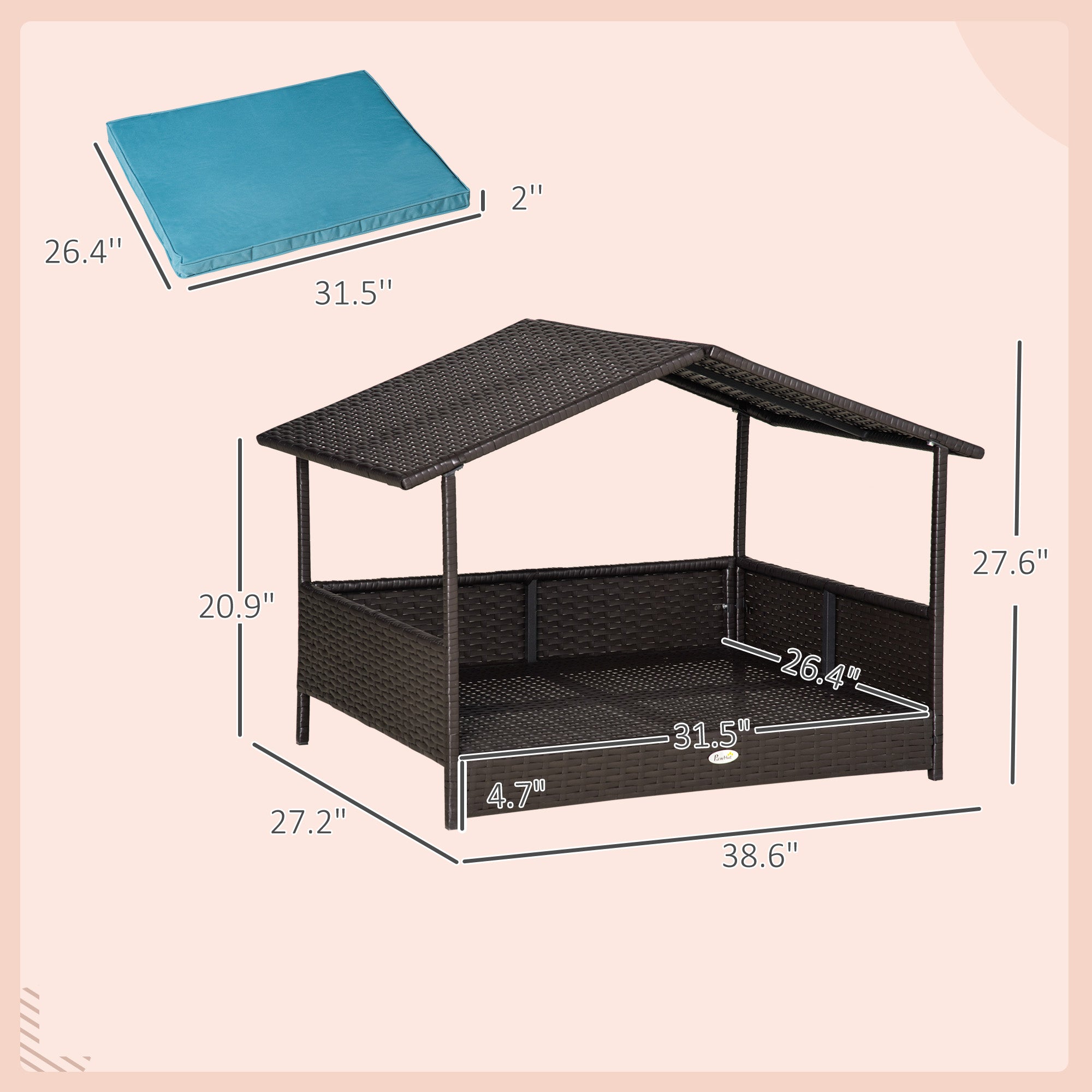 Wicker Dog House Outdoor with Canopy, Rattan Dog Bed with Water-resistant Cushion, Raised Pet Bed for Small, Medium Breeds up to 66 lbs, 20" in Length, Brown Wicker, Blue Cushion