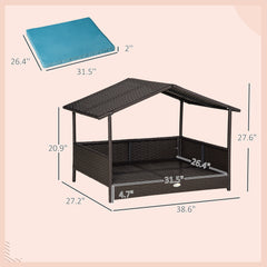 Wicker Dog House Outdoor with Canopy, Rattan Dog Bed with Water-resistant Cushion, Raised Pet Bed for Small, Medium Breeds up to 66 lbs, 20" in Length, Brown Wicker, Blue Cushion