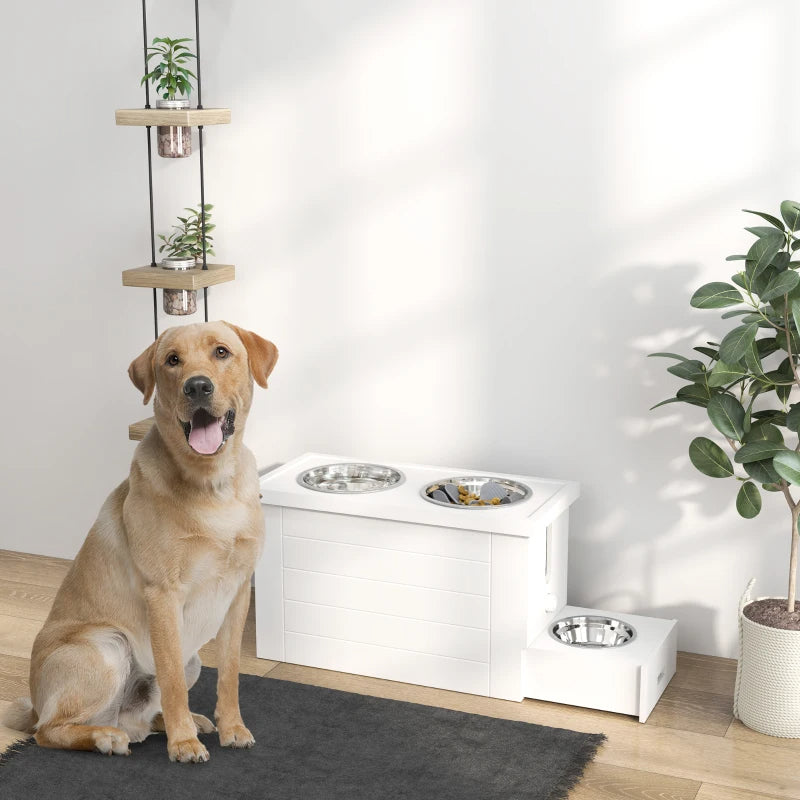 PawHut Elevated Dog Bowls With Slow Feeder Mat, Storage Cabinet, 3 Stainless Steel Bowls For Large & Extra Large Dogs, White