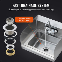 Commercial Hand Sink With Faucet And Side Splash, Stainless Steel Sink For Washing, Small Hand Washing Sink, Wall Mount Hand Basin For Restaurant, Kitchen, Bar, Garage And Home, 17x12.8 Inch