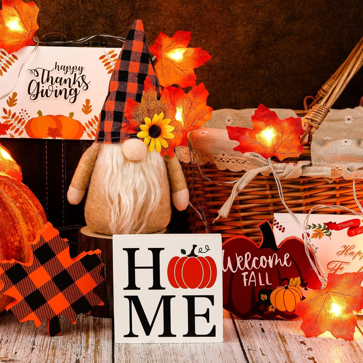 Fall Gnome Tiered Tray Decorations Set Farmhouse Pumpkin Decor Autumn Maple Leaf Table Centerpieces With Fall String Lights Thankgiving Day Fall Greeting Card Autumn Harvest Decorations