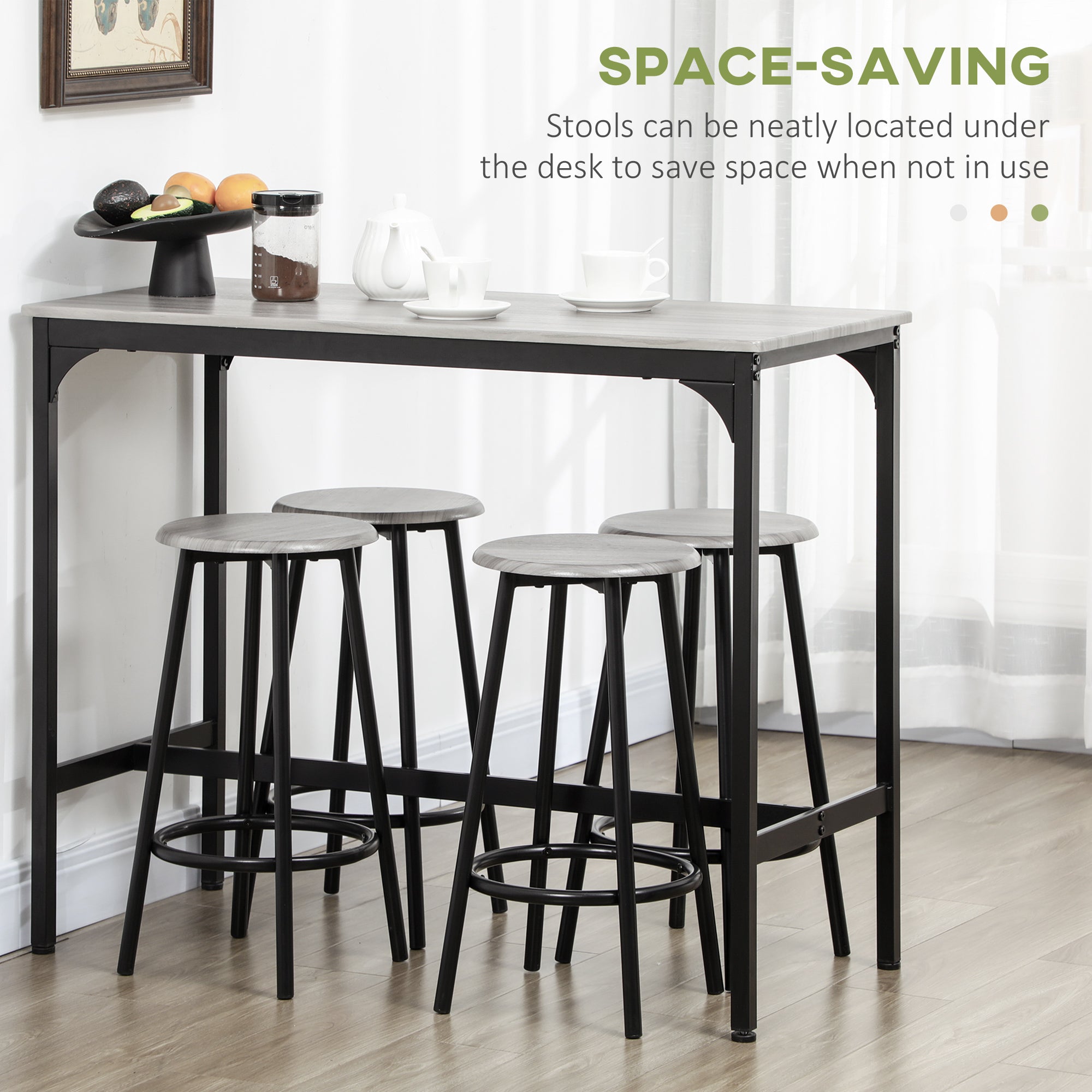 5-Piece Counter Height Bar Table Set, Rustic 43.25" Dining Table with 4 Bar Stools, Kitchen Table with Wooden Top for Pub, Dining Room, Gray