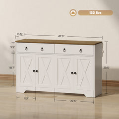 Kitchen Storage Sideboard, Farmhouse Buffet Cabinet with Barn Style Doors, Drawers, Adjustable Shelves, White
