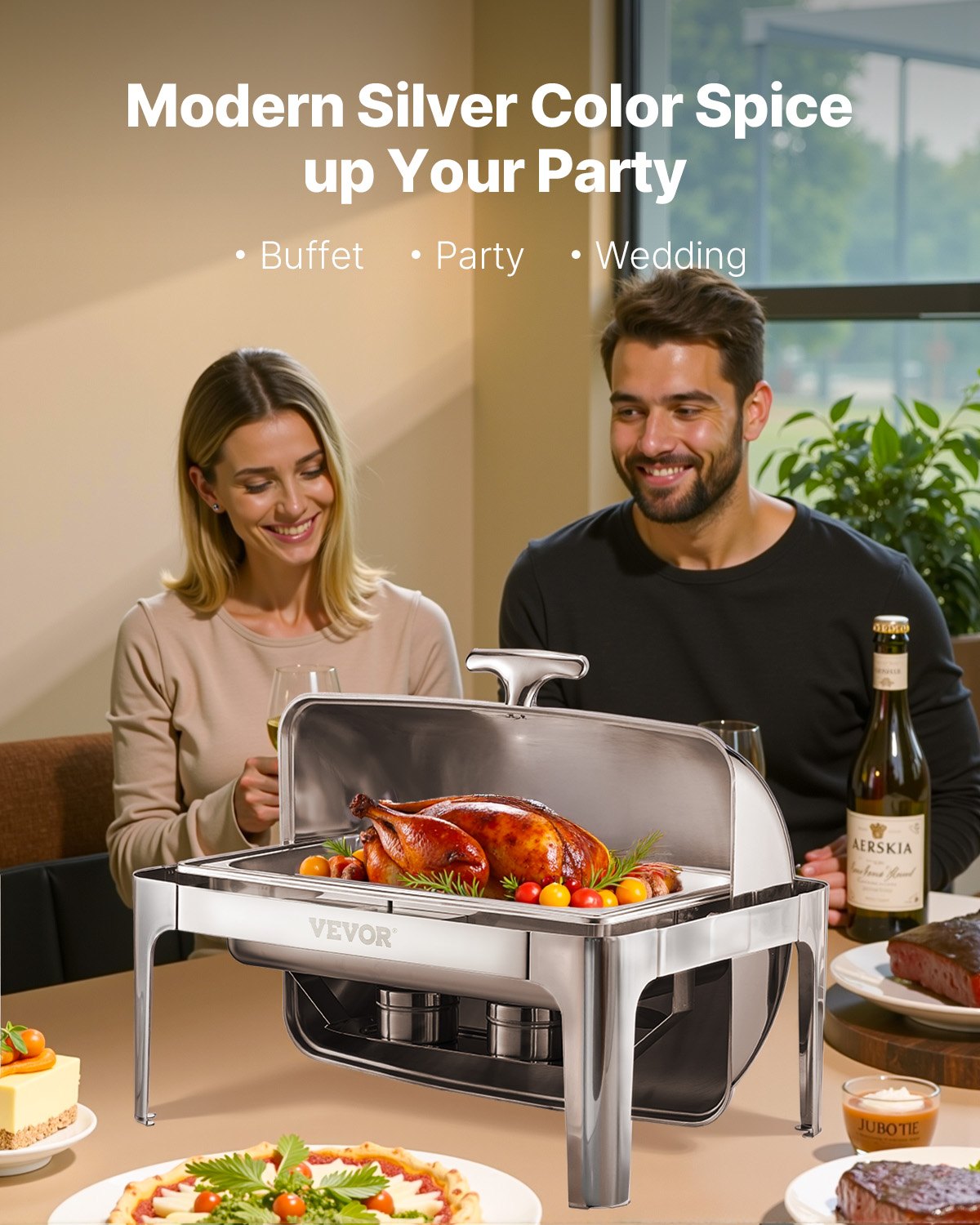 9Qt Rectangle Roll Top Chafing Dish Set With Full-Size Pan Stainless Steel