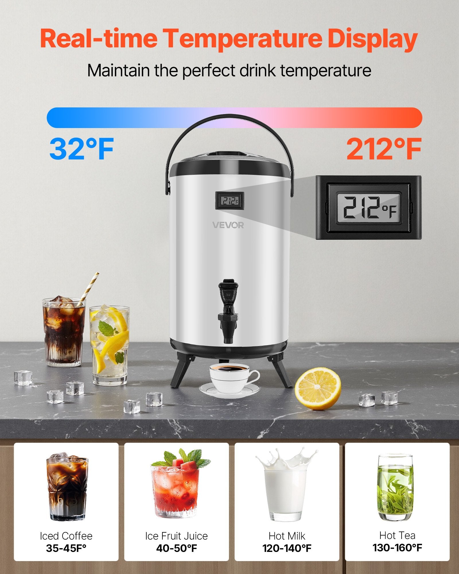 Insulated Beverage Dispenser For Hot & Cold Drinks 3.2 Gal Stainless Steel
