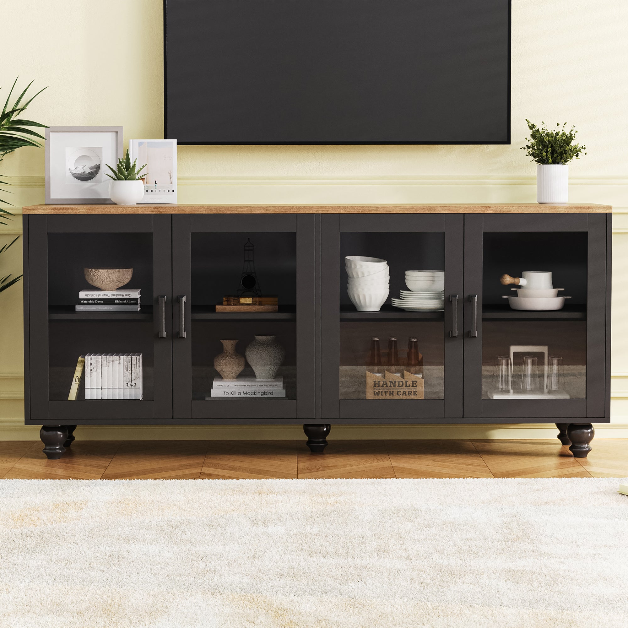 ON-TREND Farmhouse TV Stand With Tempered Glass Doors For TVs Up To 70, Versatile Sideboard With Adjustable Shelves, Elegant Buffet Cabinet With 5 Solid Wood Gourd-Shaped Legs For Living Room, Black