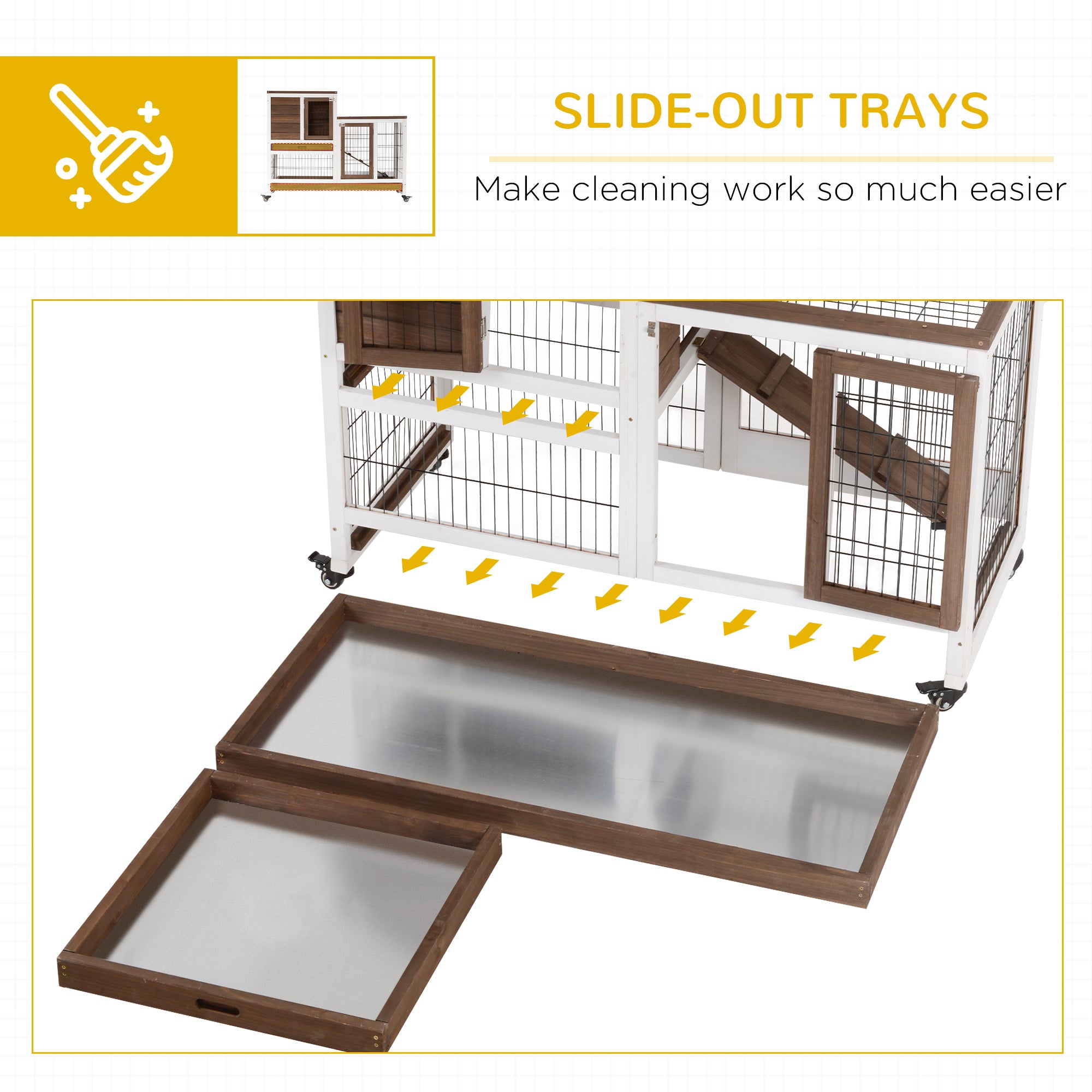 Wooden Rabbit Hutch Elevated Bunny Cage Indoor Small Animal Habitat with Enclosed Run with Wheels, Ramp, Removable Tray for Rabbits, Chickens, Ducks, Guinea Pigs, Brown
