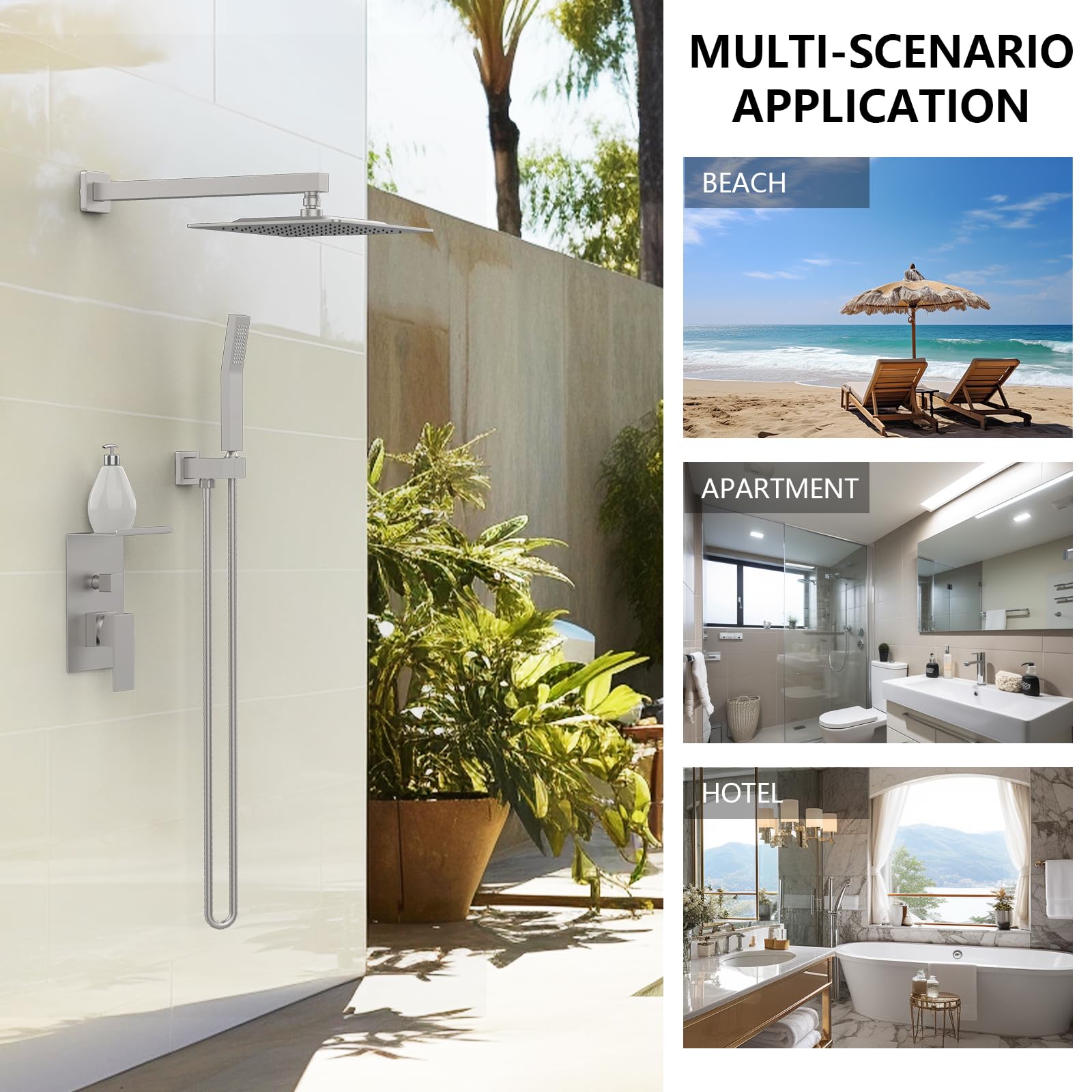 Rain Shower System With Storage Rack, 10-inch Shower Faucet Set, Brushed Nickel Finish, High-pressure Square Shower Head, Luxury Wall-mounted Shower Set.